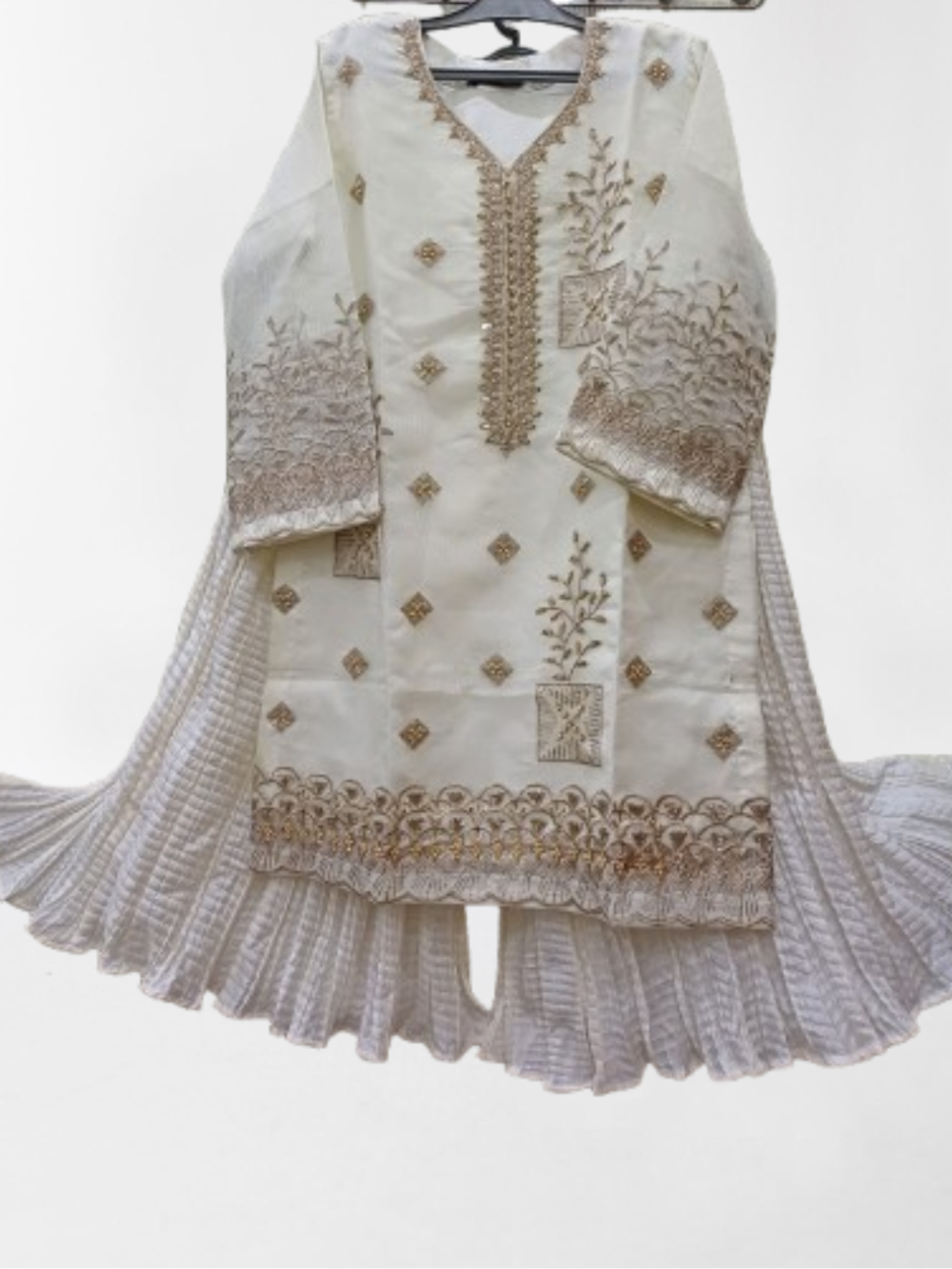 Embroidered Shirt Crush Gharara With Organza Dupatta