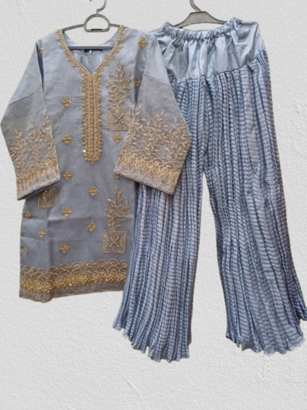 Embroidered Shirt Crush Gharara With Organza Dupatta