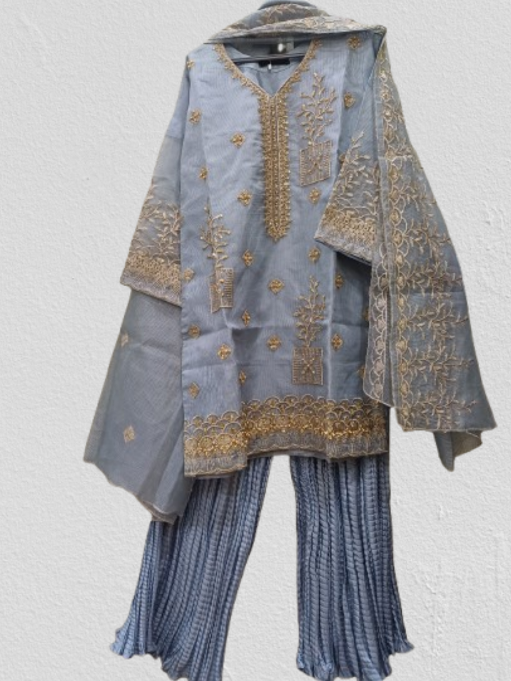 Embroidered Shirt Crush Gharara With Organza Dupatta