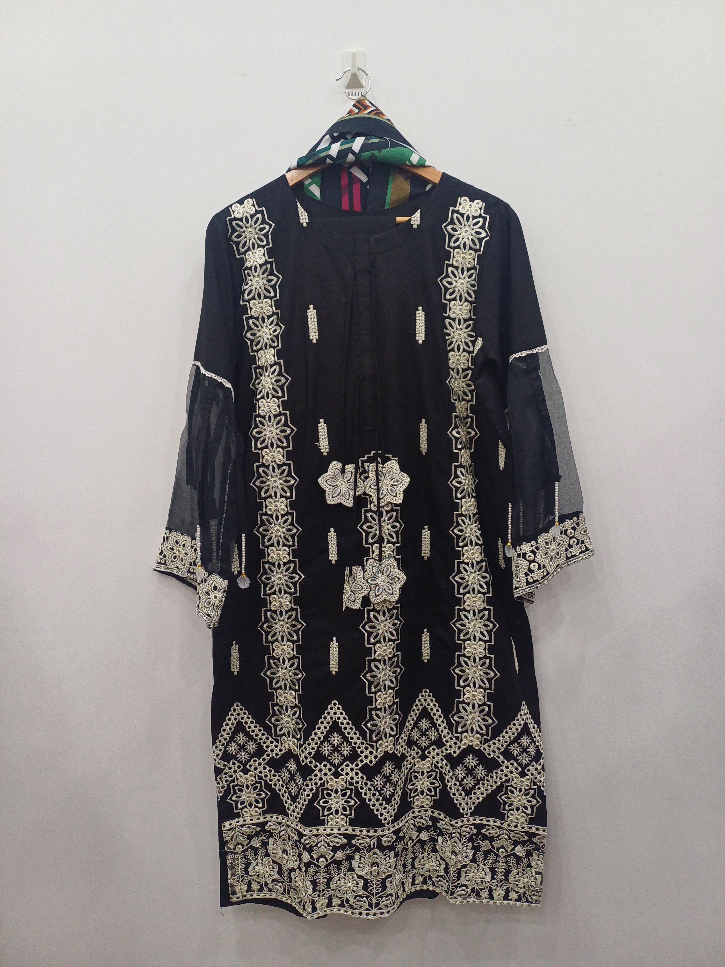 Black cotton kurta set with cream embroidery and printed dupatta