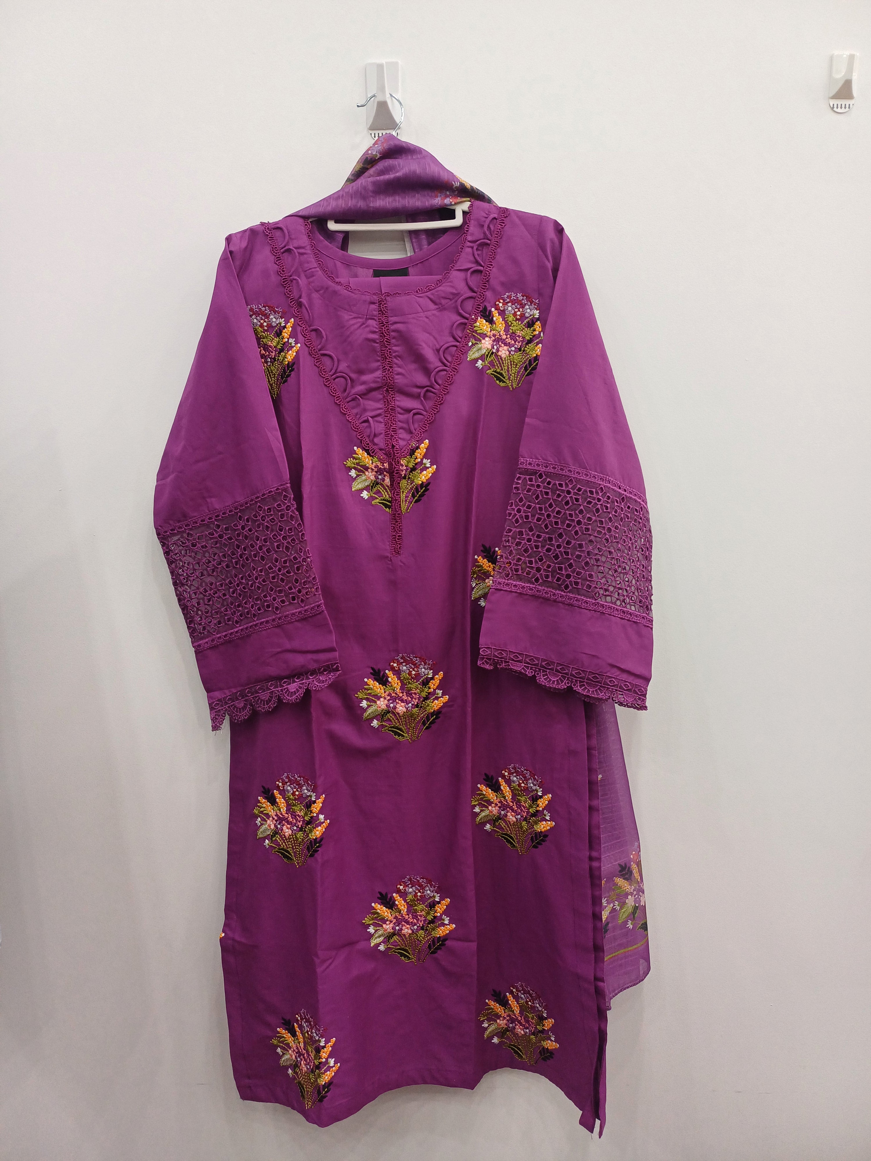 Purple embroidered winter cotton kurta set with trouser and diamond dupatta – 3-piece festive outfit