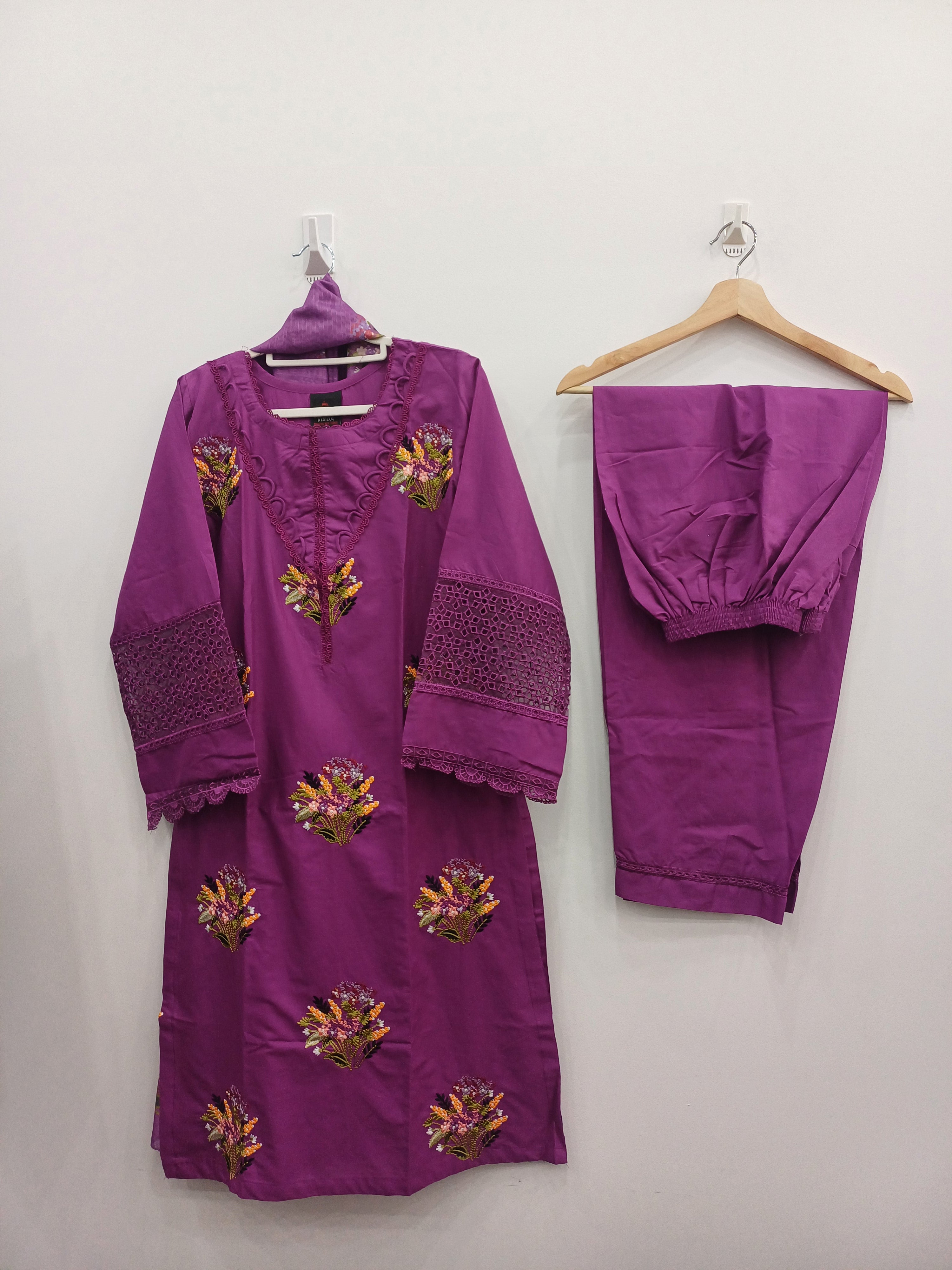 Purple embroidered winter cotton kurta set with trouser and diamond dupatta – 3-piece festive outfit