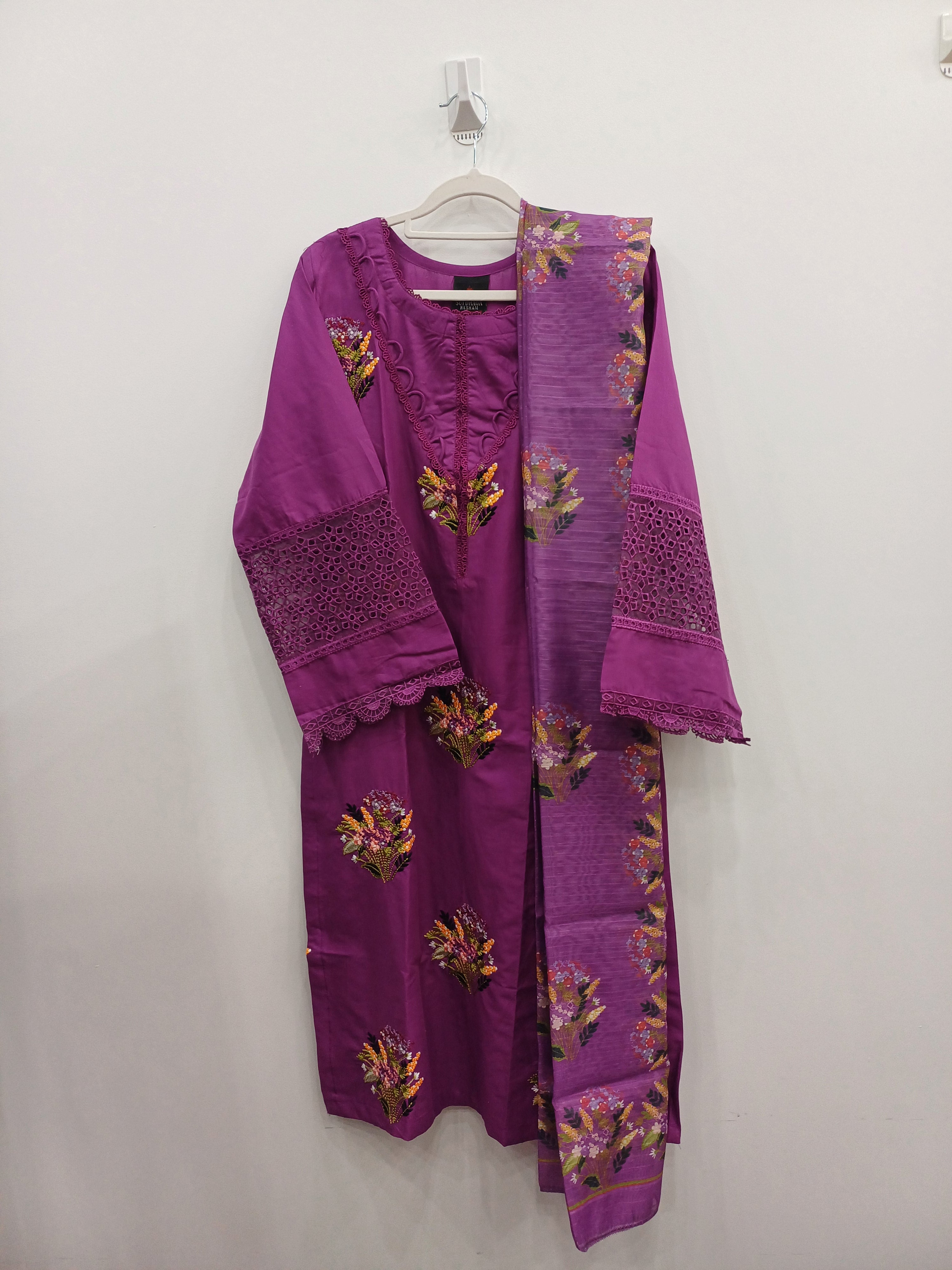 Purple embroidered winter cotton kurta set with trouser and diamond dupatta – 3-piece festive outfit
