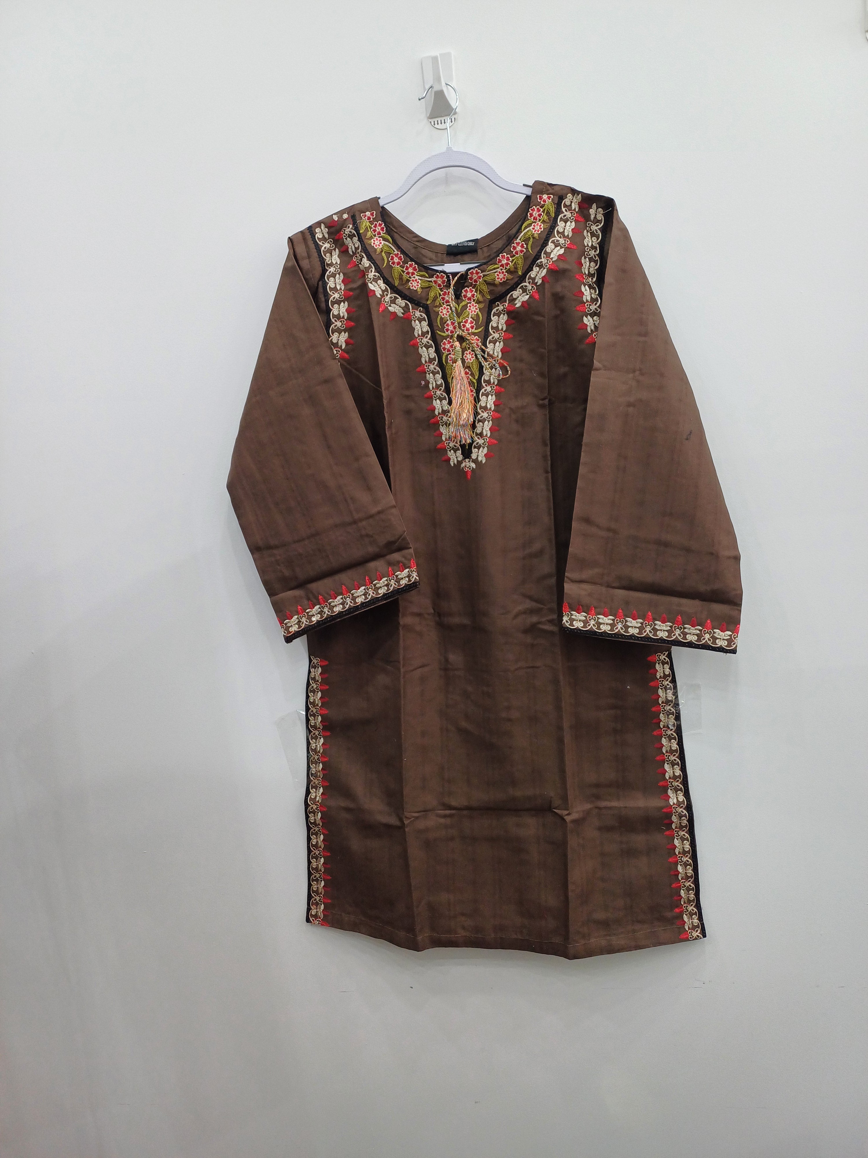 Front view of brown embroidered winter cotton 3-piece suit with colorful detailing