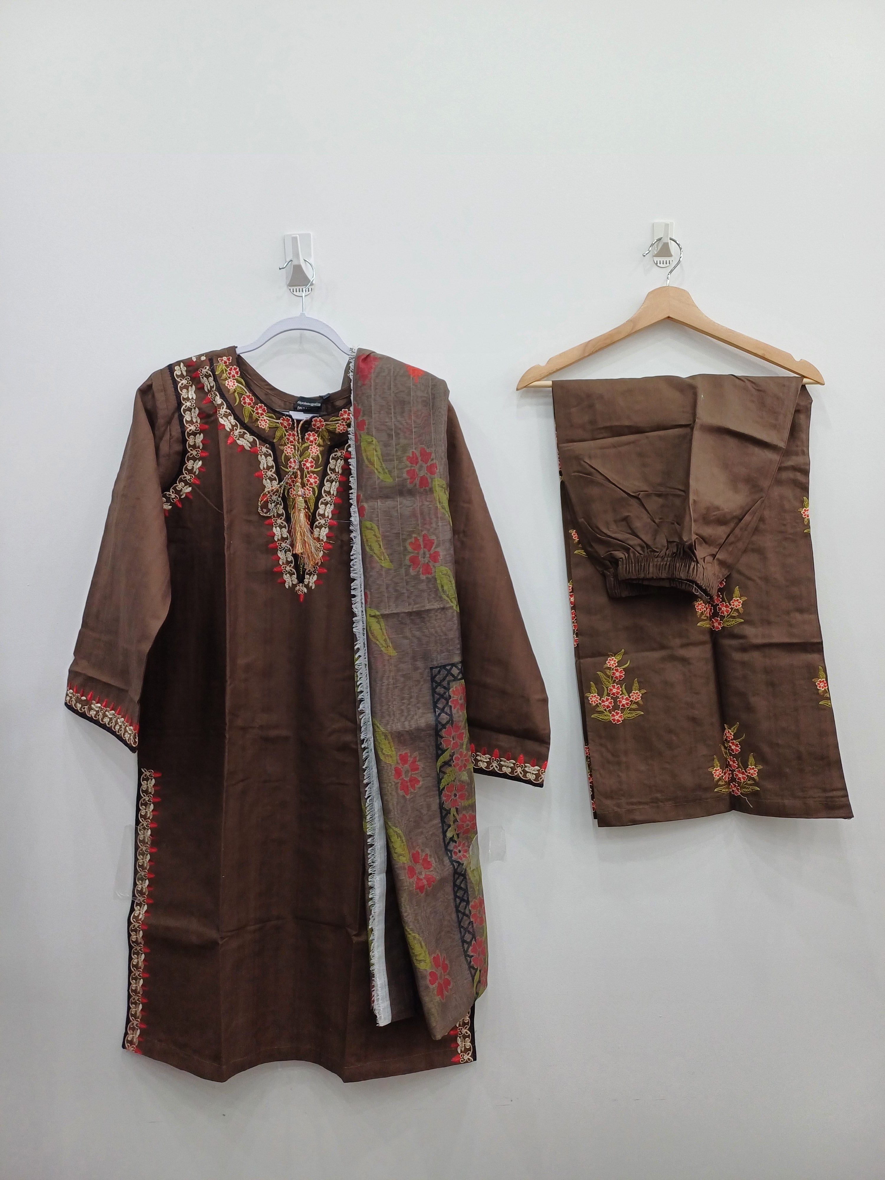 Full stitched brown kurta, trousers, and floral diamond dupatta set