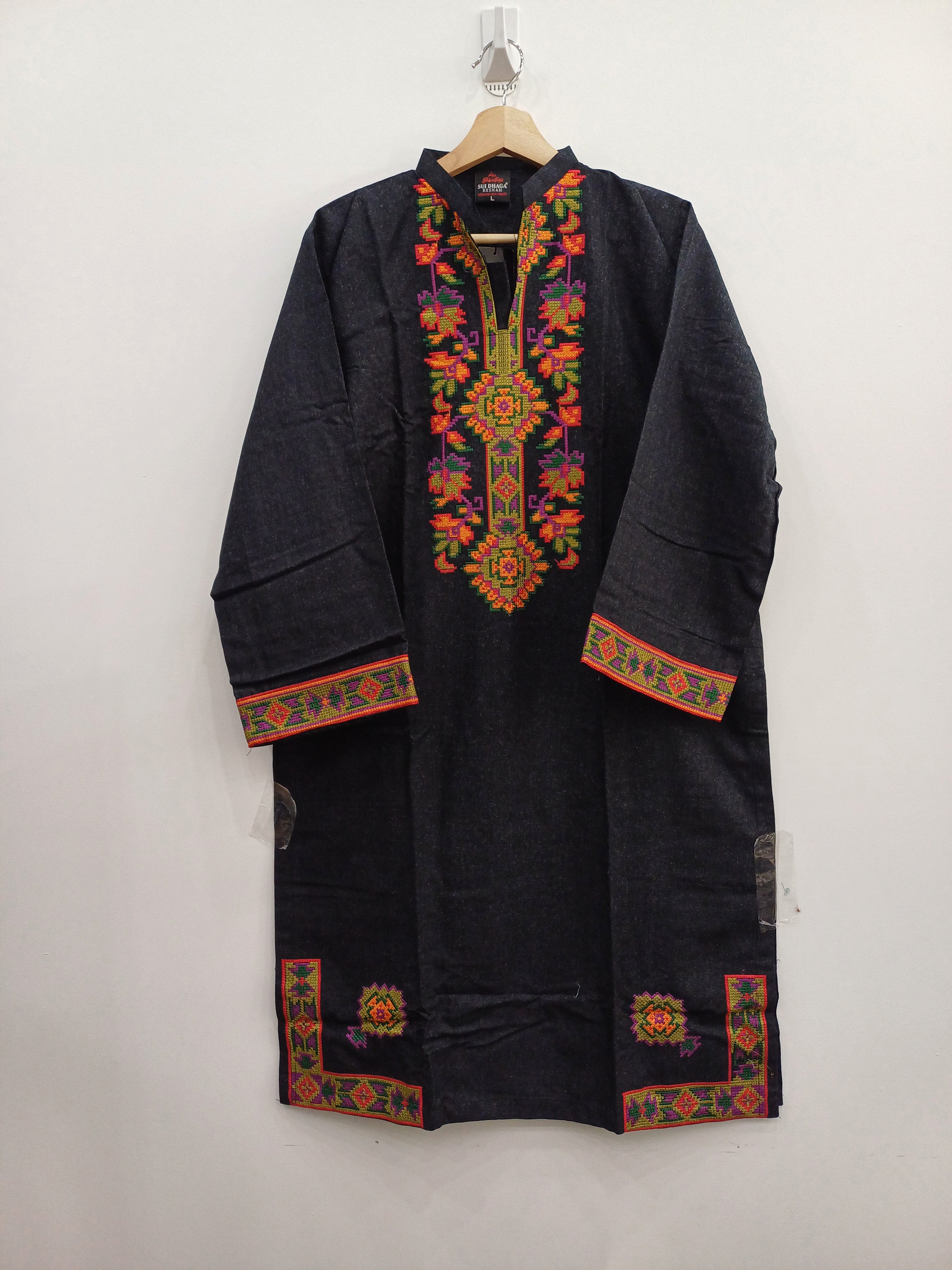 Front view of gray linen 3-piece suit with multi embroidery and diamond dupatta