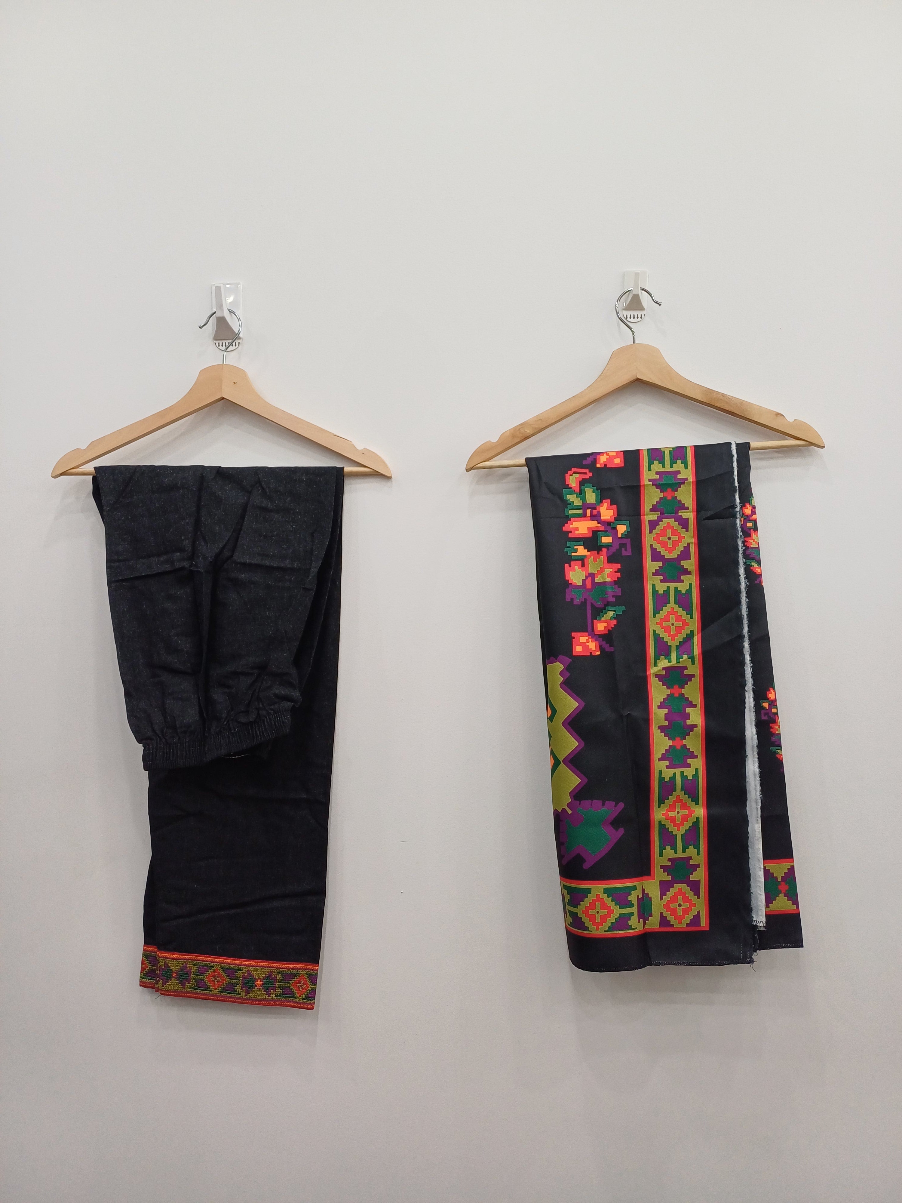 Complete set of embroidered linen suit with colorful printed dupatta