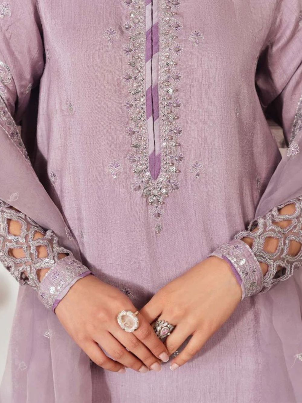 Lilac Embroidered 3-Piece Rawsilk Kurta Set with Organza Dupatta