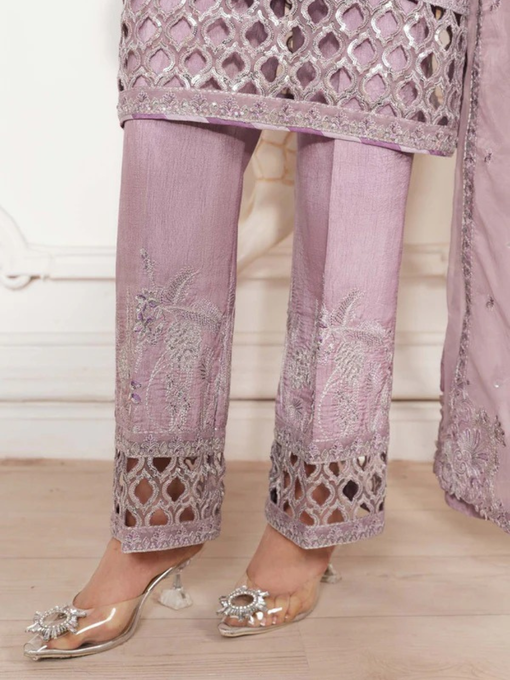 Lilac Embroidered 3-Piece Rawsilk Kurta Set with Organza Dupatta