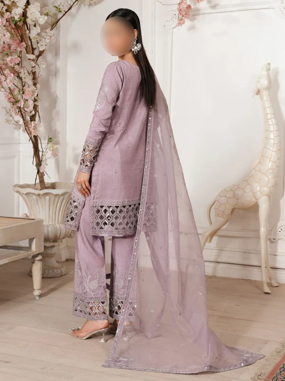 Lilac Embroidered 3-Piece Rawsilk Kurta Set with Organza Dupatta
