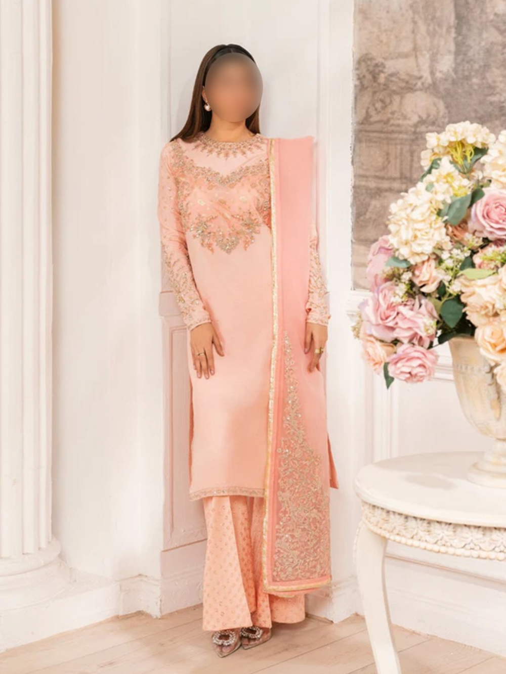 Peach Embroidered Rawsilk Kurta Set | 3 Piece Pakistani Suit for Women
