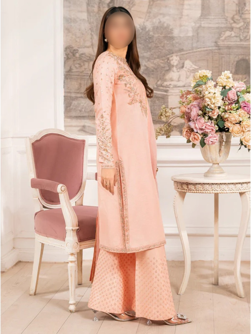 Peach Embroidered Rawsilk Kurta Set | 3 Piece Pakistani Suit for Women