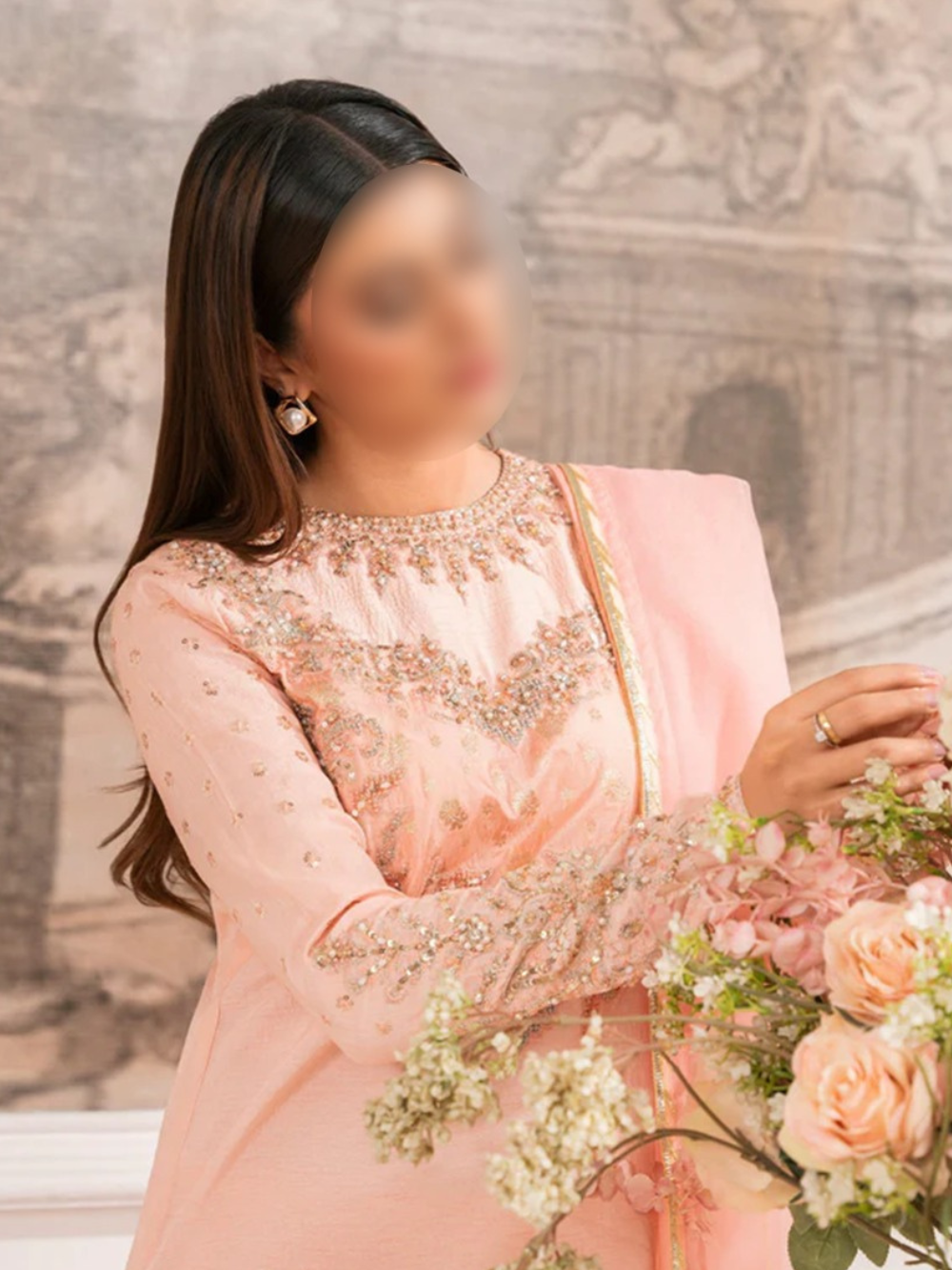 Peach Embroidered Rawsilk Kurta Set | 3 Piece Pakistani Suit for Women