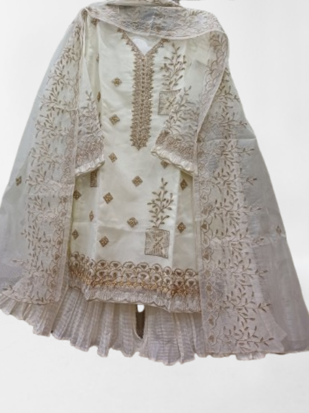 Embroidered Shirt Crush Gharara With Organza Dupatta