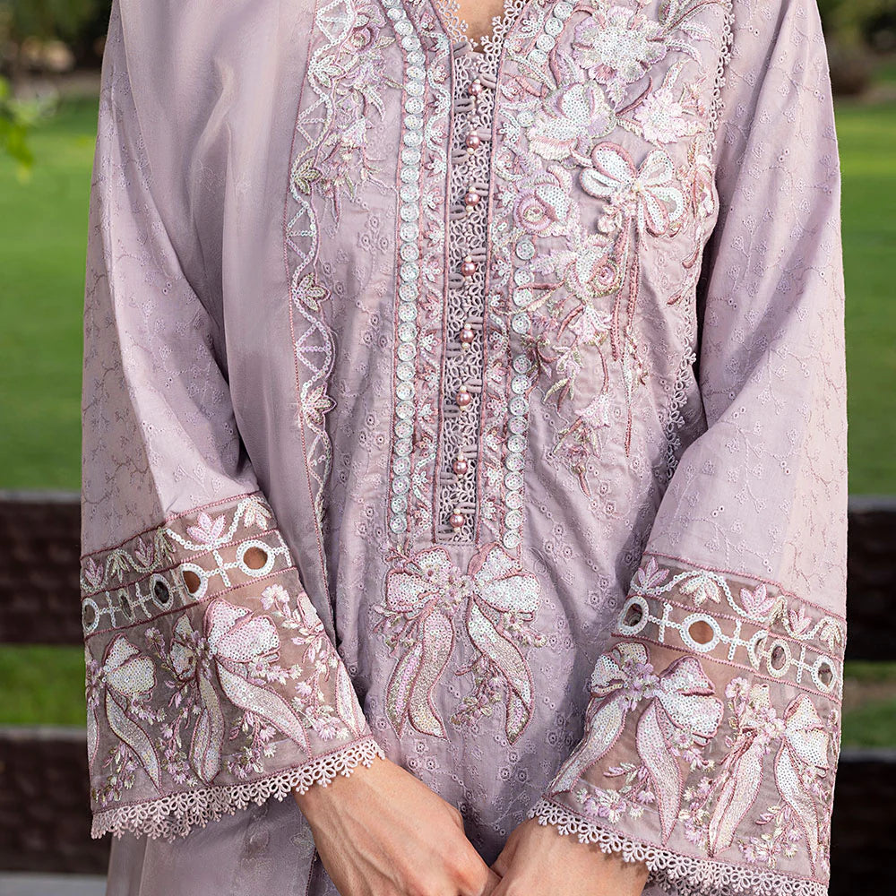 Schiffli & Multihead Embroidered Cotton Suit with 3D Flowers and Organza Dupatta – Pakistani Summer Outfit