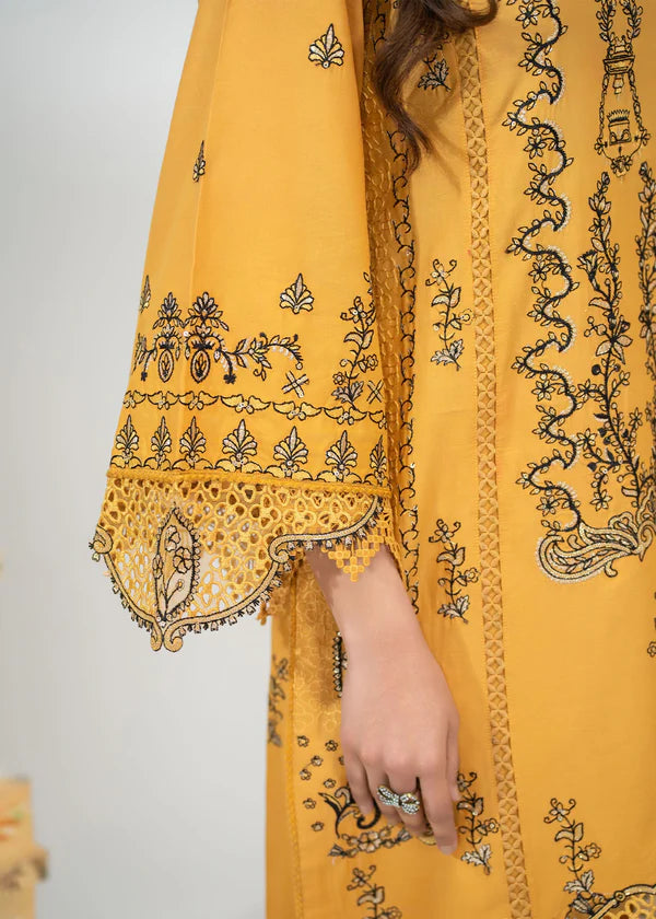 Yellow cotton 3-piece kurta set for women featuring long kurta, straight trouser, and net dupatta – festive and party wear outfit.