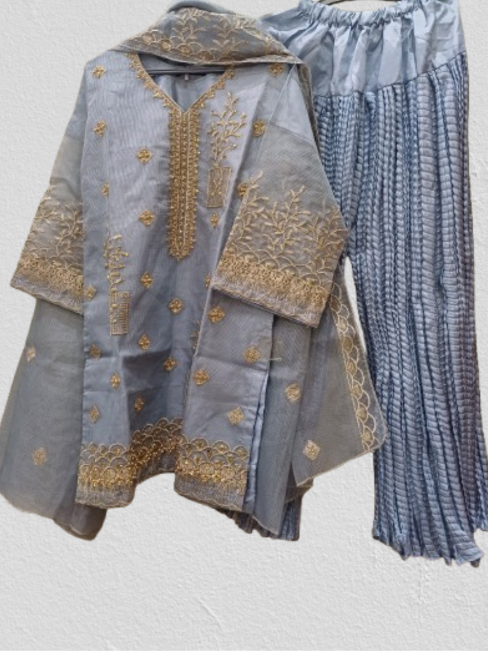 Embroidered Shirt Crush Gharara With Organza Dupatta