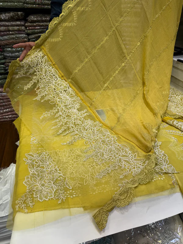 Lime Yellow Chikankari 3 Piece Stitched Outfit with Embroidered Dupatta