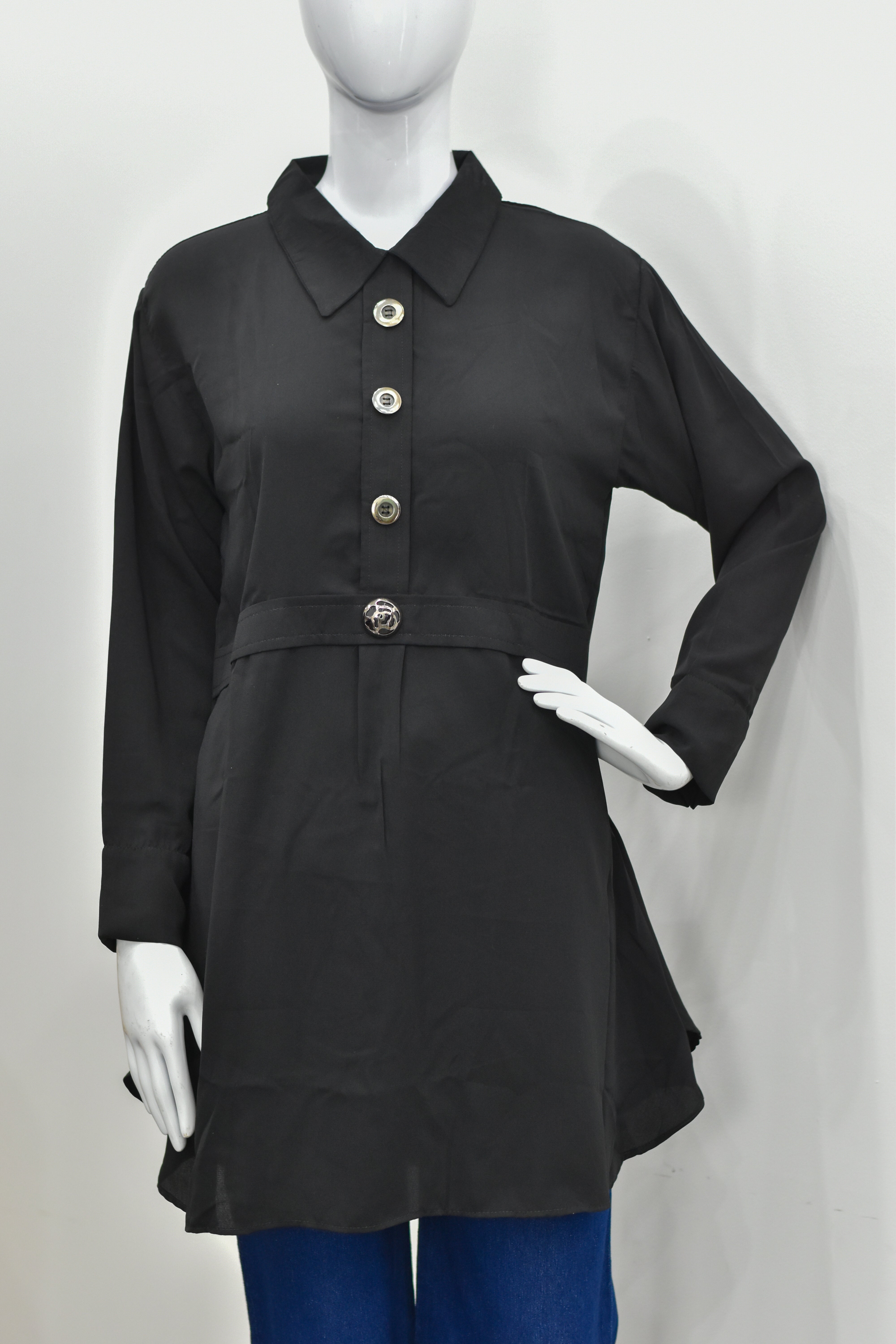Black belted shirt-style top with statement buttons and long sleeves for women