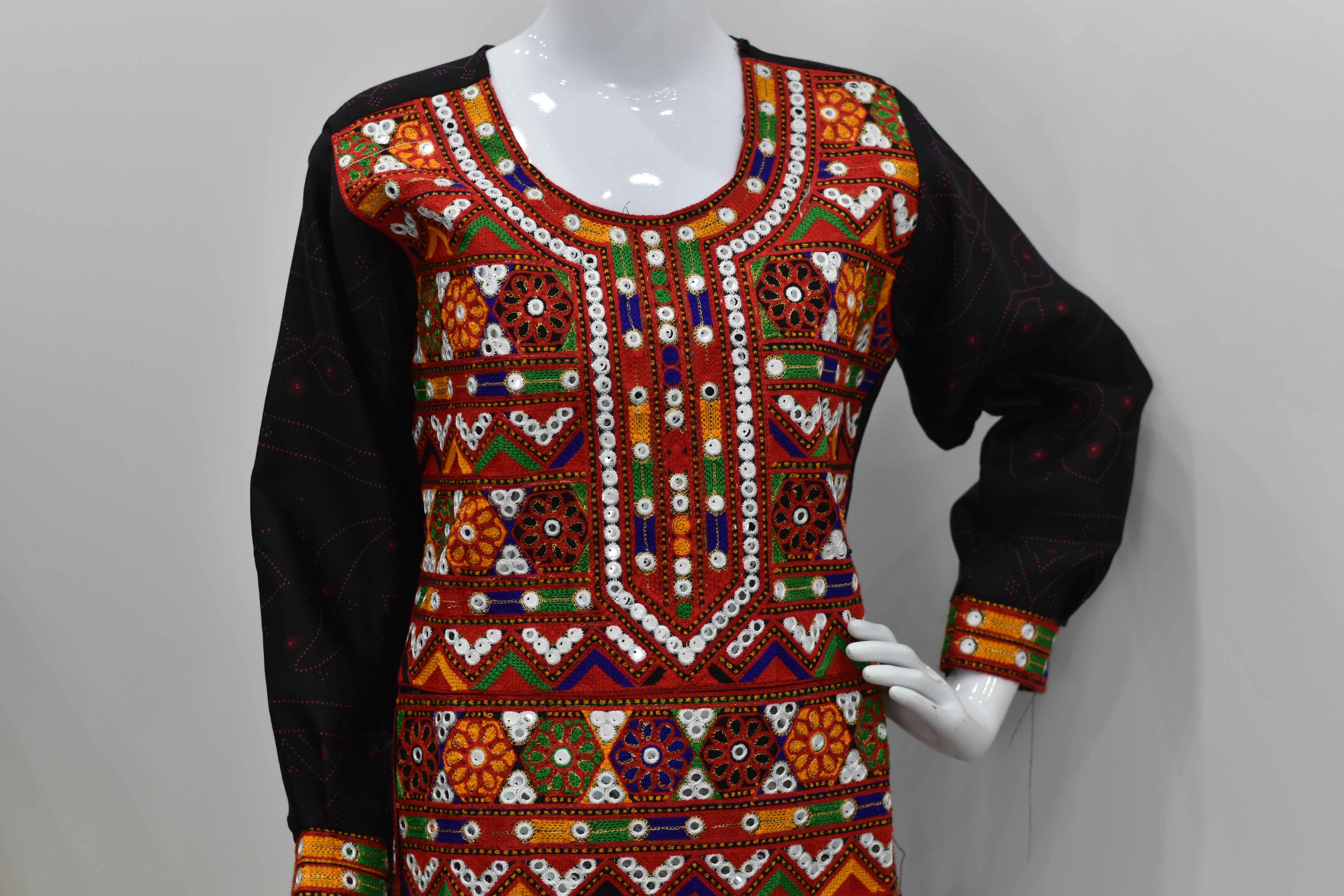 Traditional mirror work kurta with multicolor embroidery for women