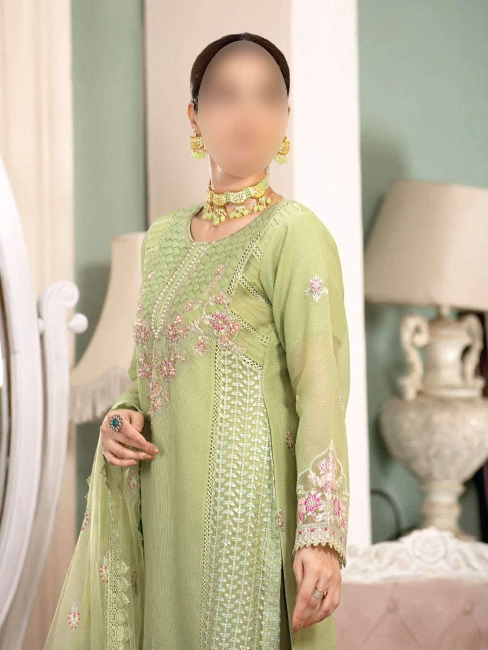 Pistachio Green Luxury - Embroidered Formal Suit with Crystal Dupatta