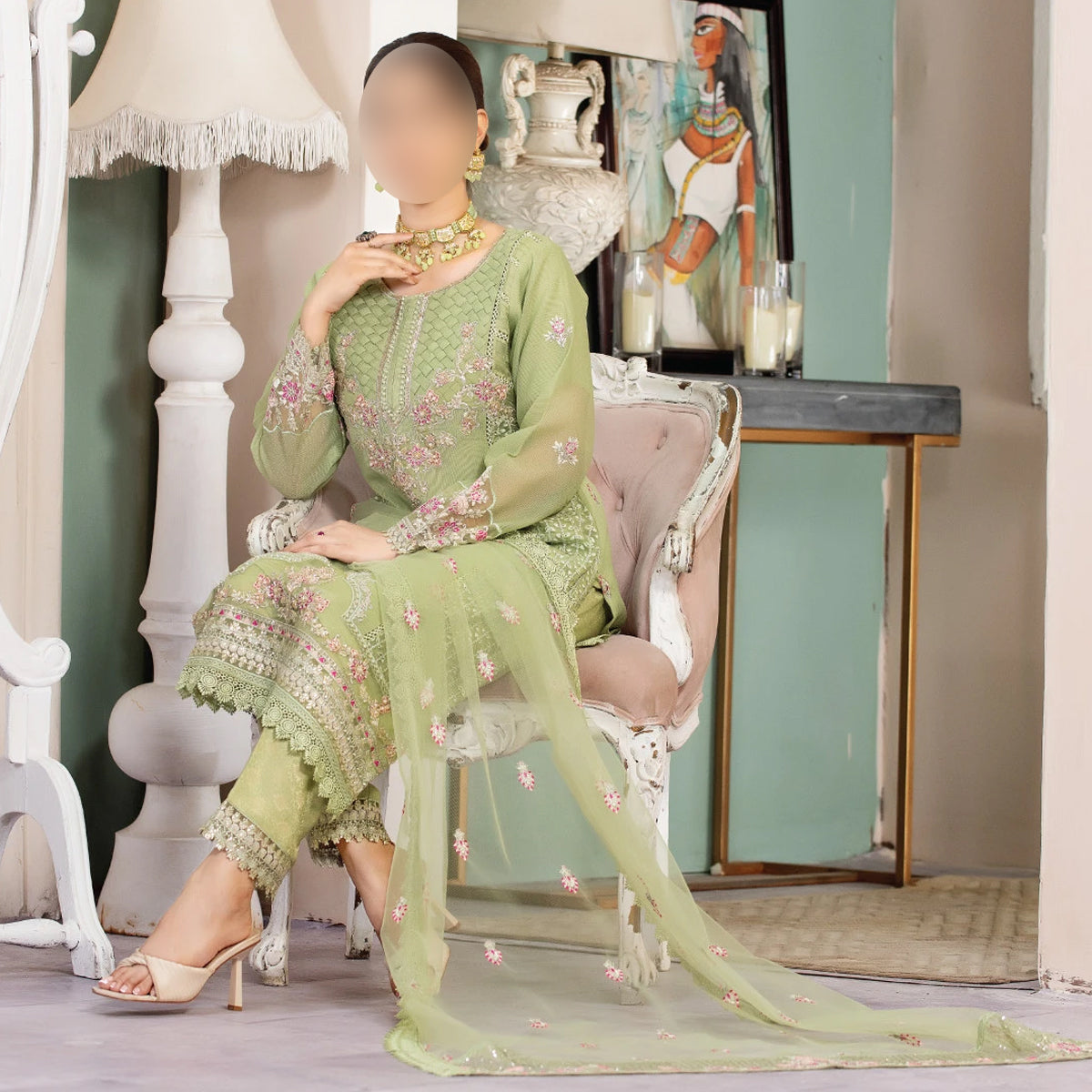Pistachio Green Luxury - Embroidered Formal Suit with Crystal Dupatta