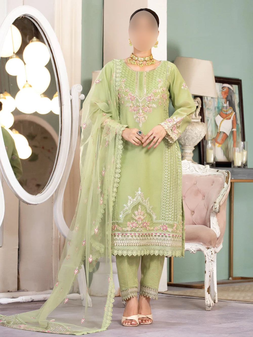 Pistachio Green Luxury - Embroidered Formal Suit with Crystal Dupatta