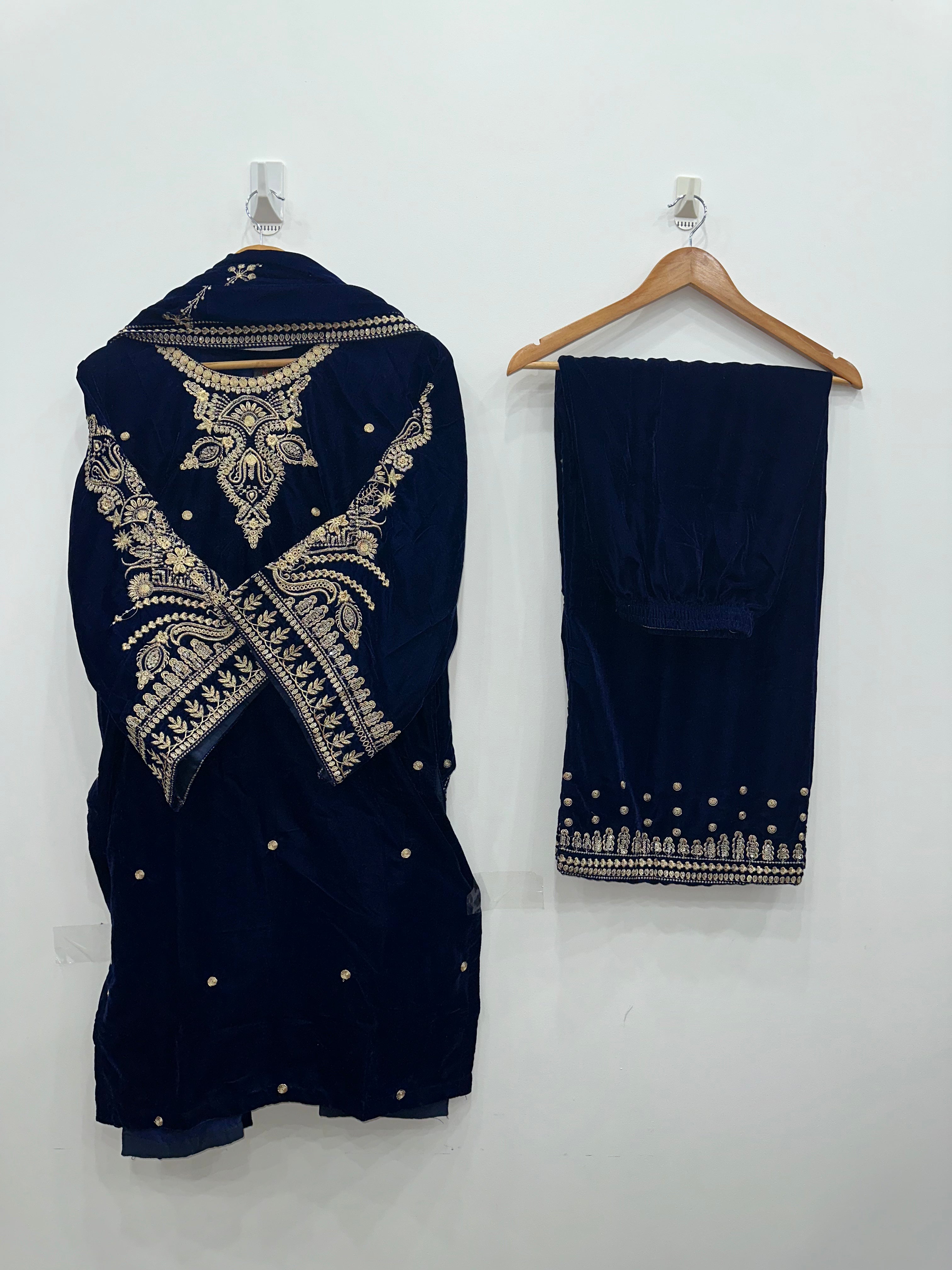 Blue velvet kurta set with heavy embroidery and embroidered shawl