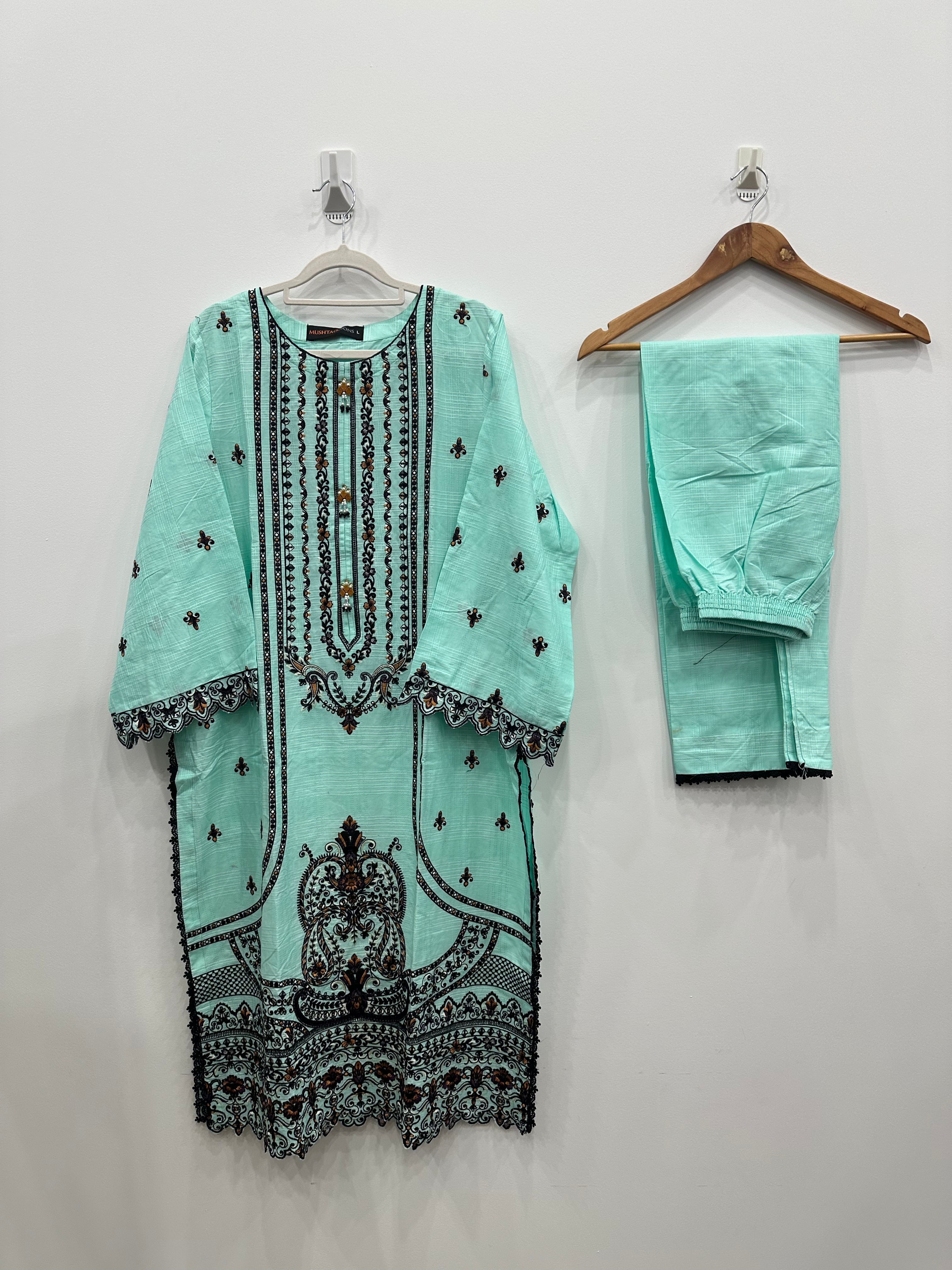 Aqua slub cotton kurta set with black embroidery and khaddi net dupatta