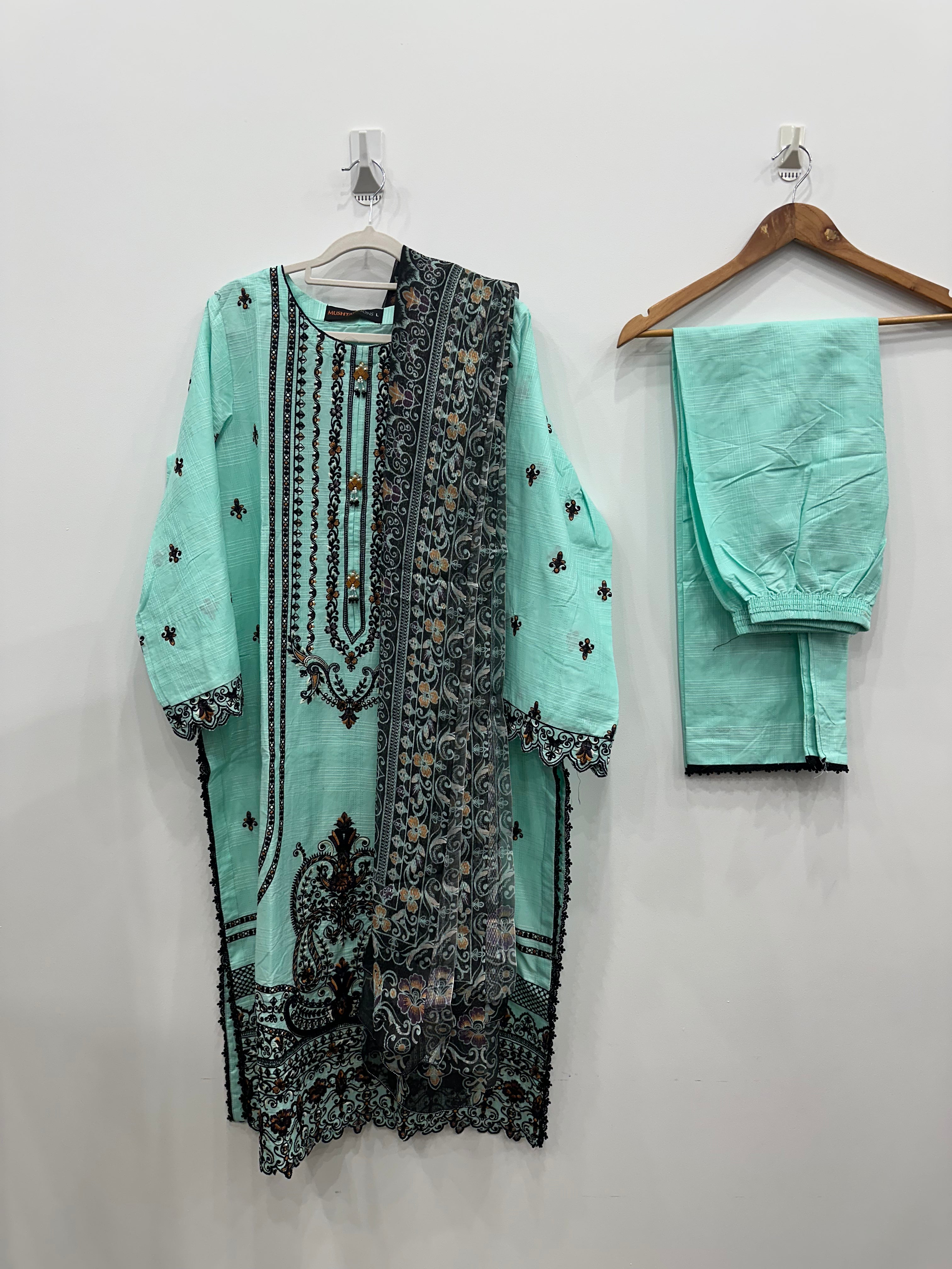 Full 3-piece aqua slub cotton embroidered set with khaddi net dupatta