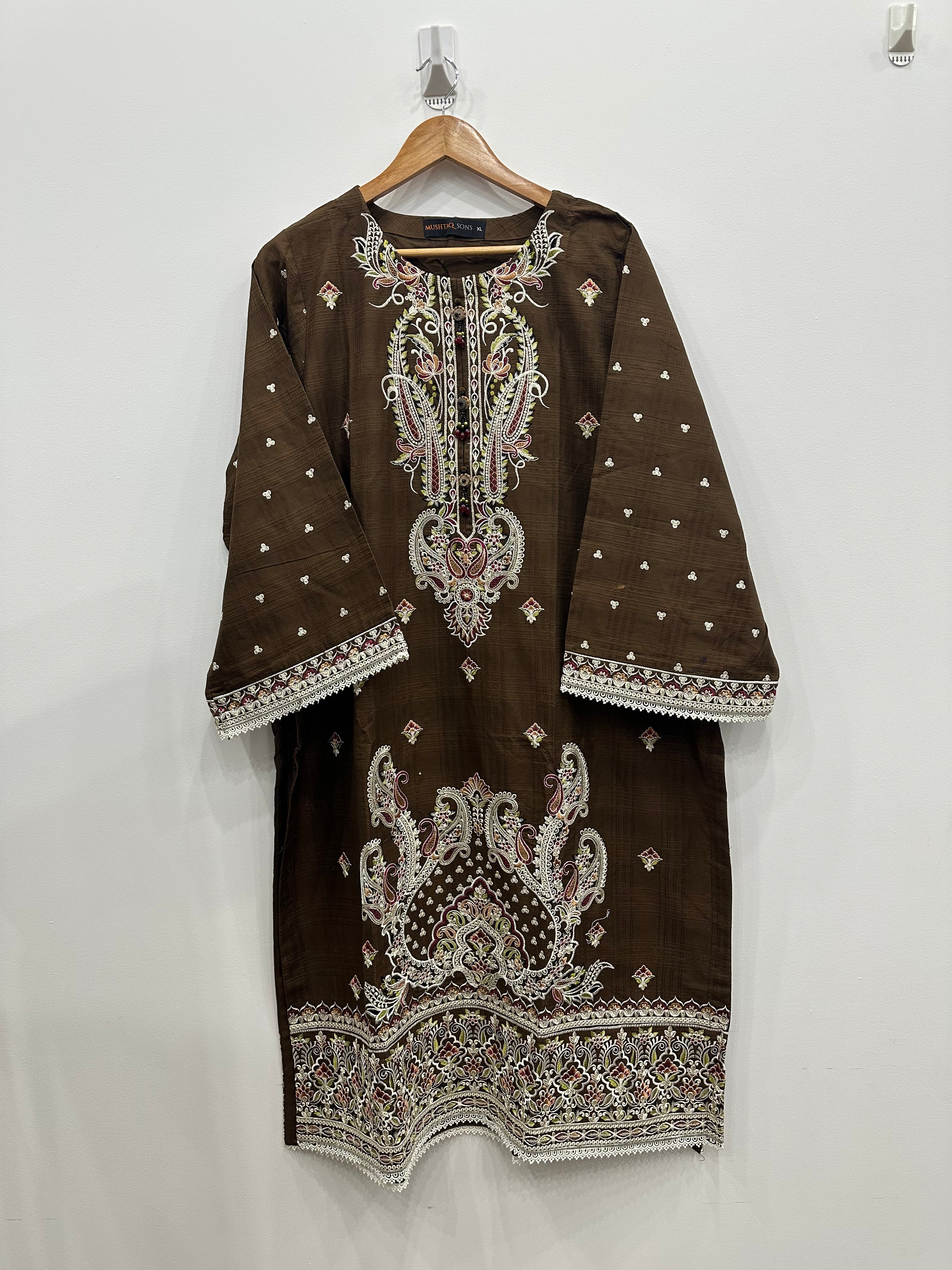 Brown slub cotton kurta set with khaddi net dupatta and embroidery