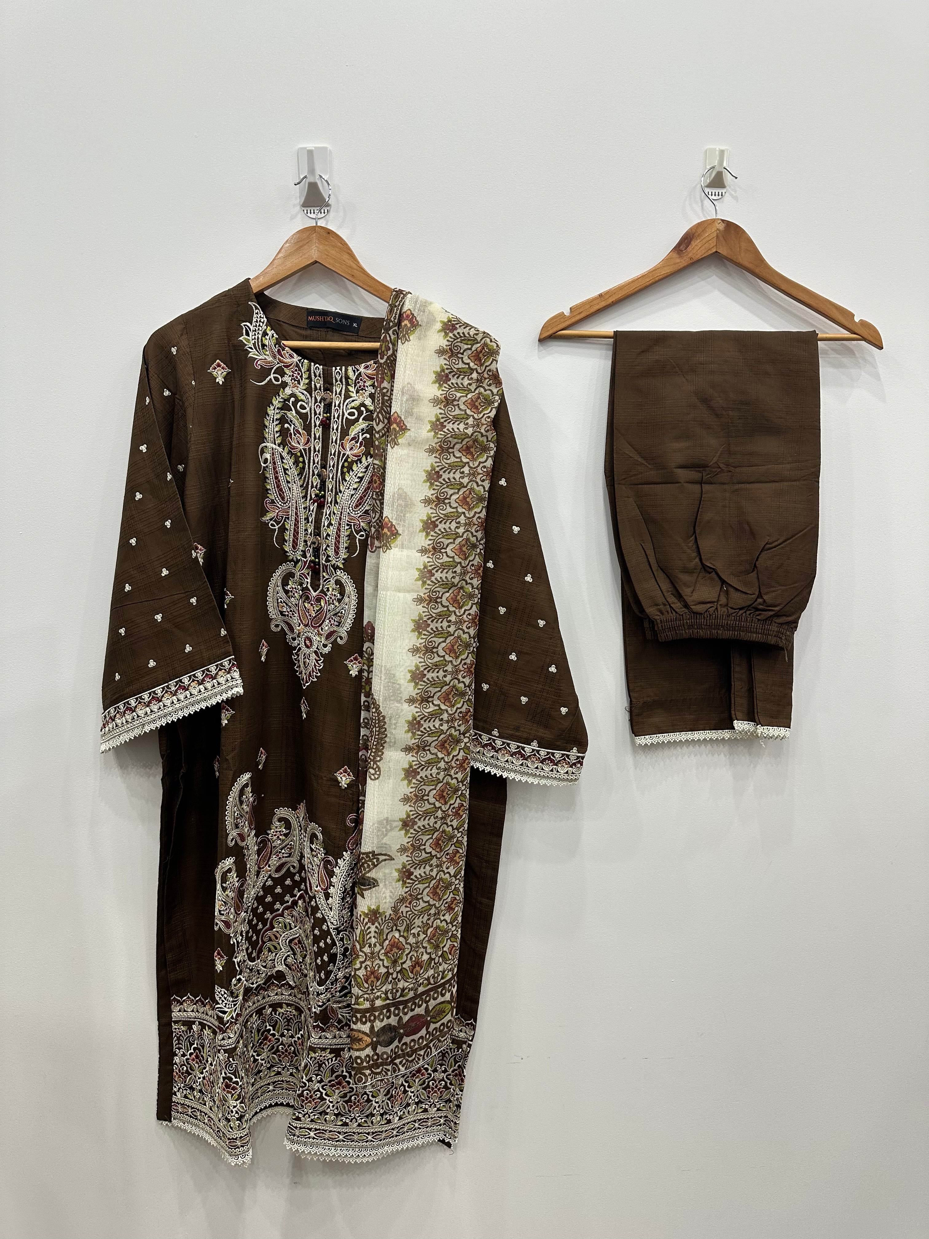 Full 3-piece brown slub cotton embroidered set with khaddi net dupatta