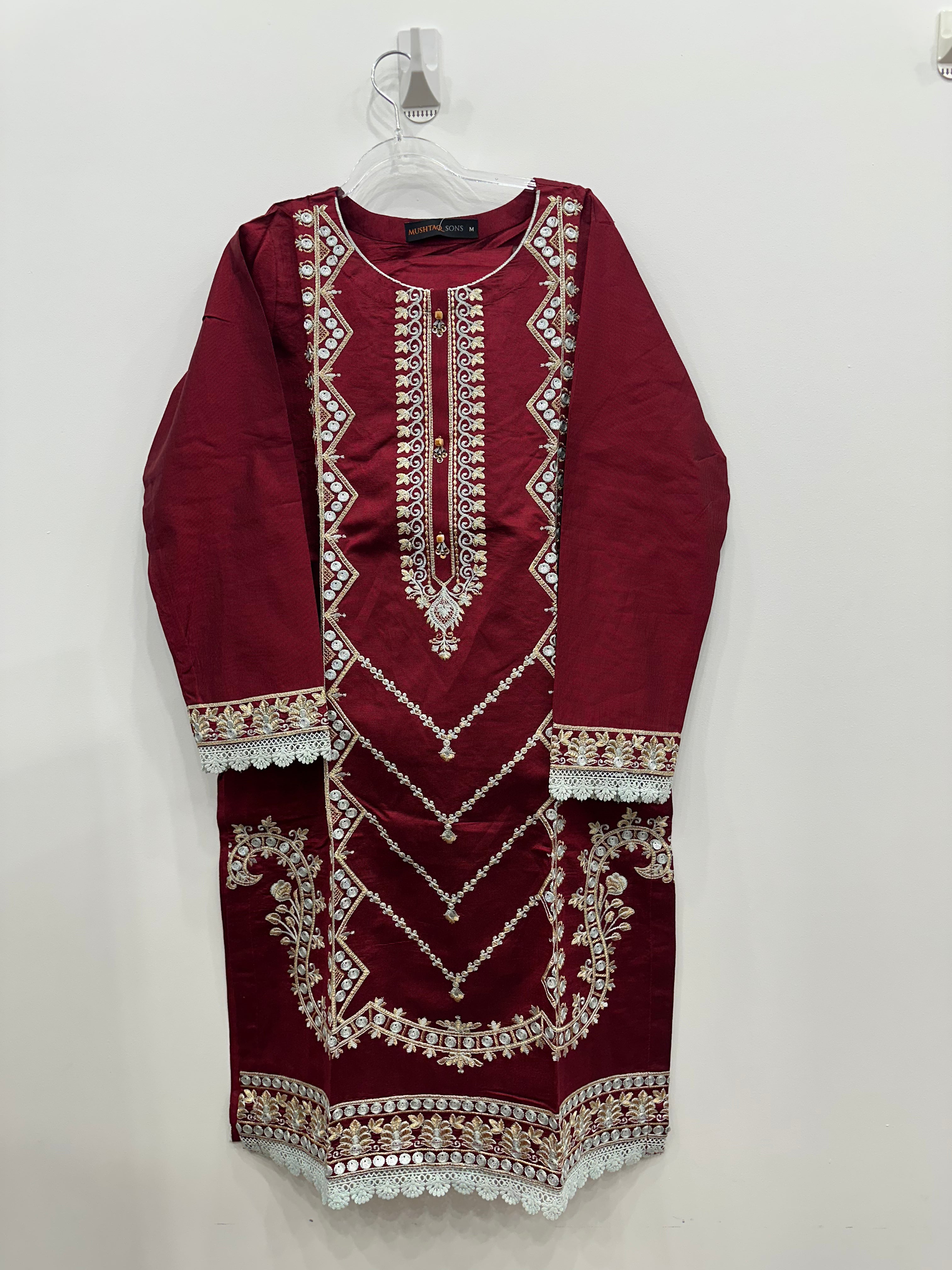 Red khaddi net kurta set with front and sleeve embroidery