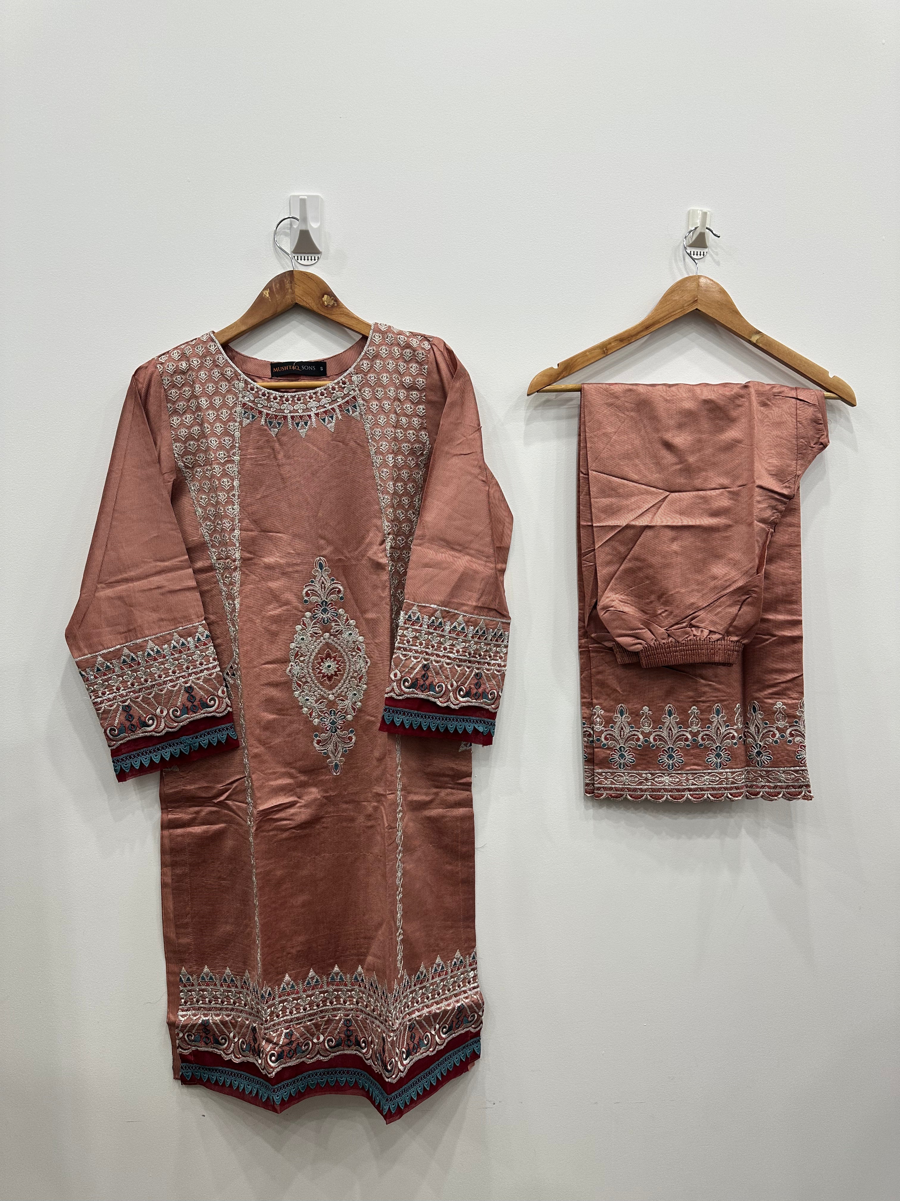 Khaddi net kurta set with embroidered front and sleeves