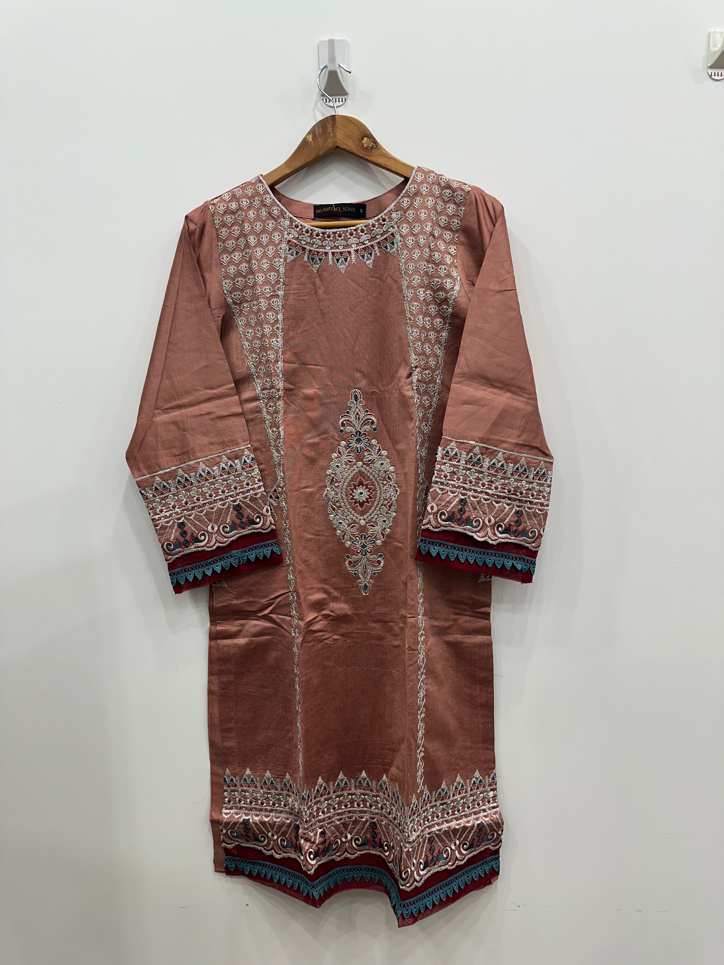 Full view of khaddi net embroidered kurta with matching trousers