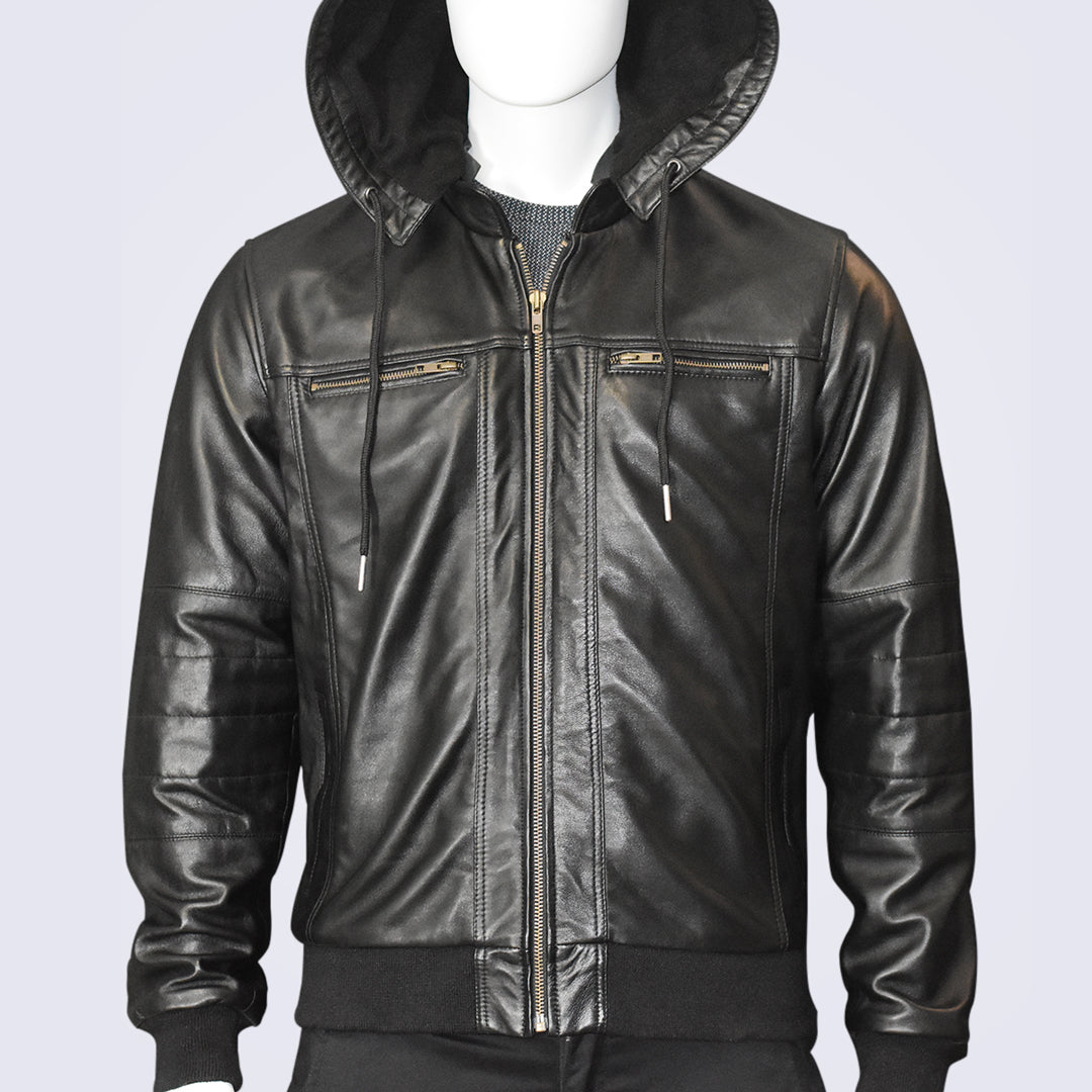 Classic Black Leather Bomber Jacket
