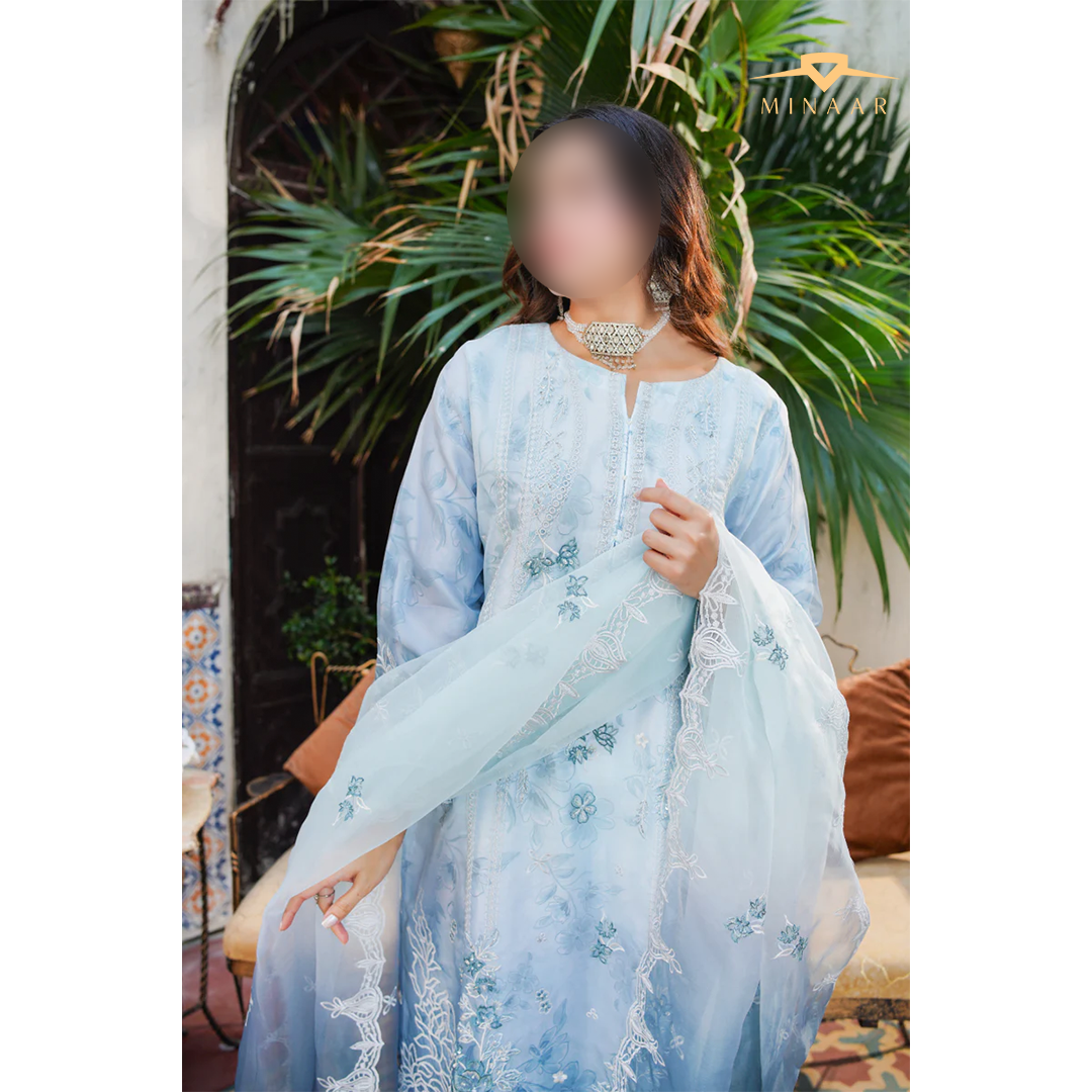 Sky Blue Embroidered Organza 3-Piece Suit with Printed Silk Trouser