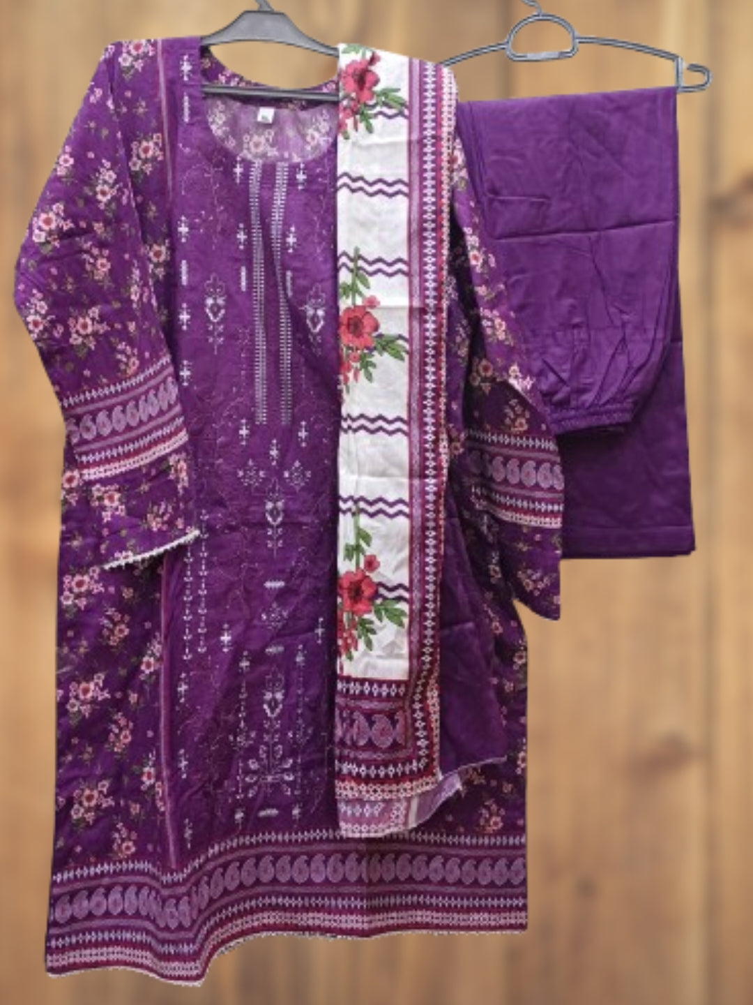 3-piece purple lawn Pakistani summer suit with floral dupatta and trouser