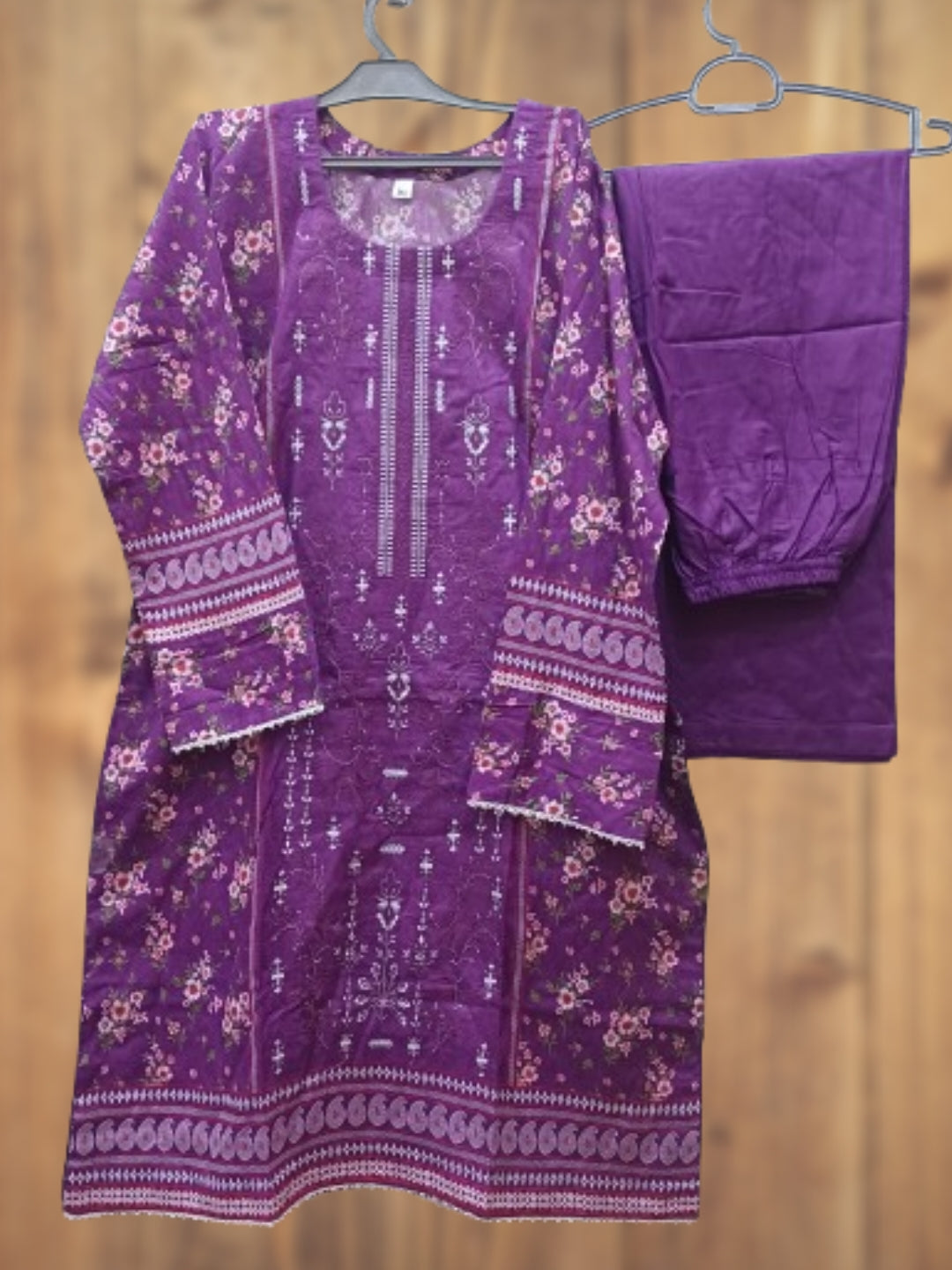 Printed purple lawn kurta set with white floral dupatta