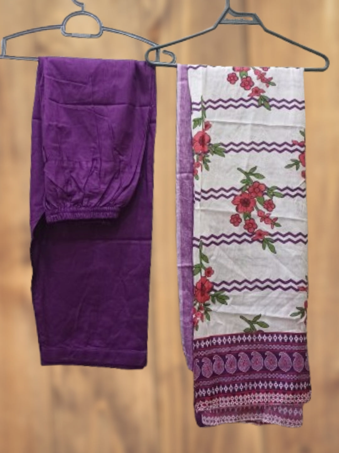 Purple lawn suit with plain trouser and printed dupatta