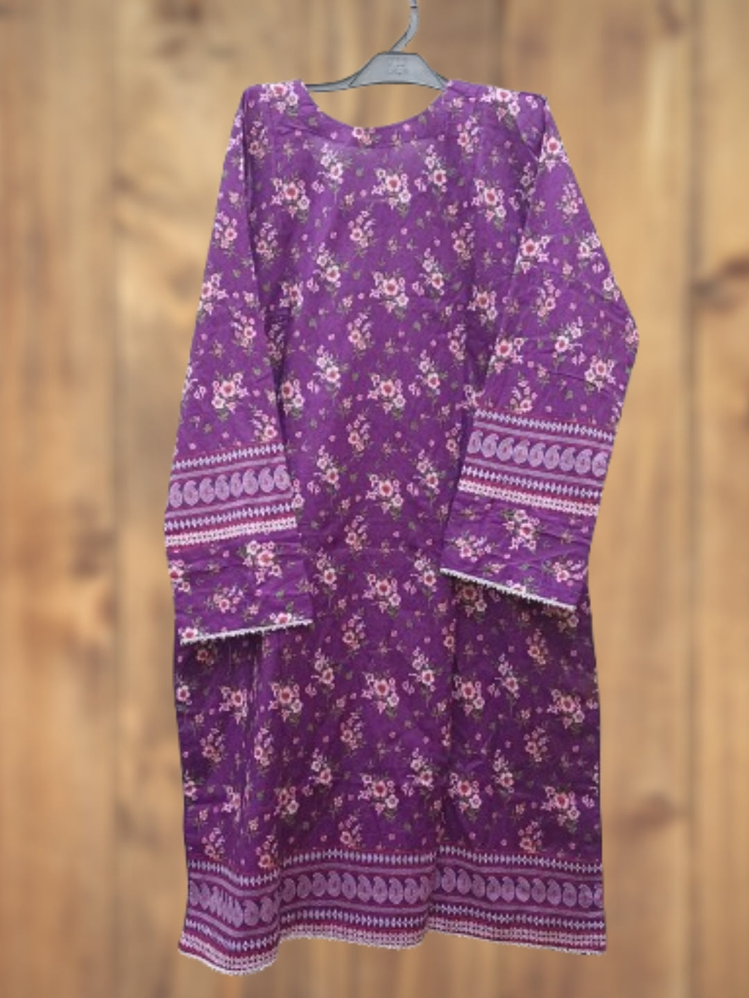 Elegant Pakistani lawn dress in purple with floral accents
