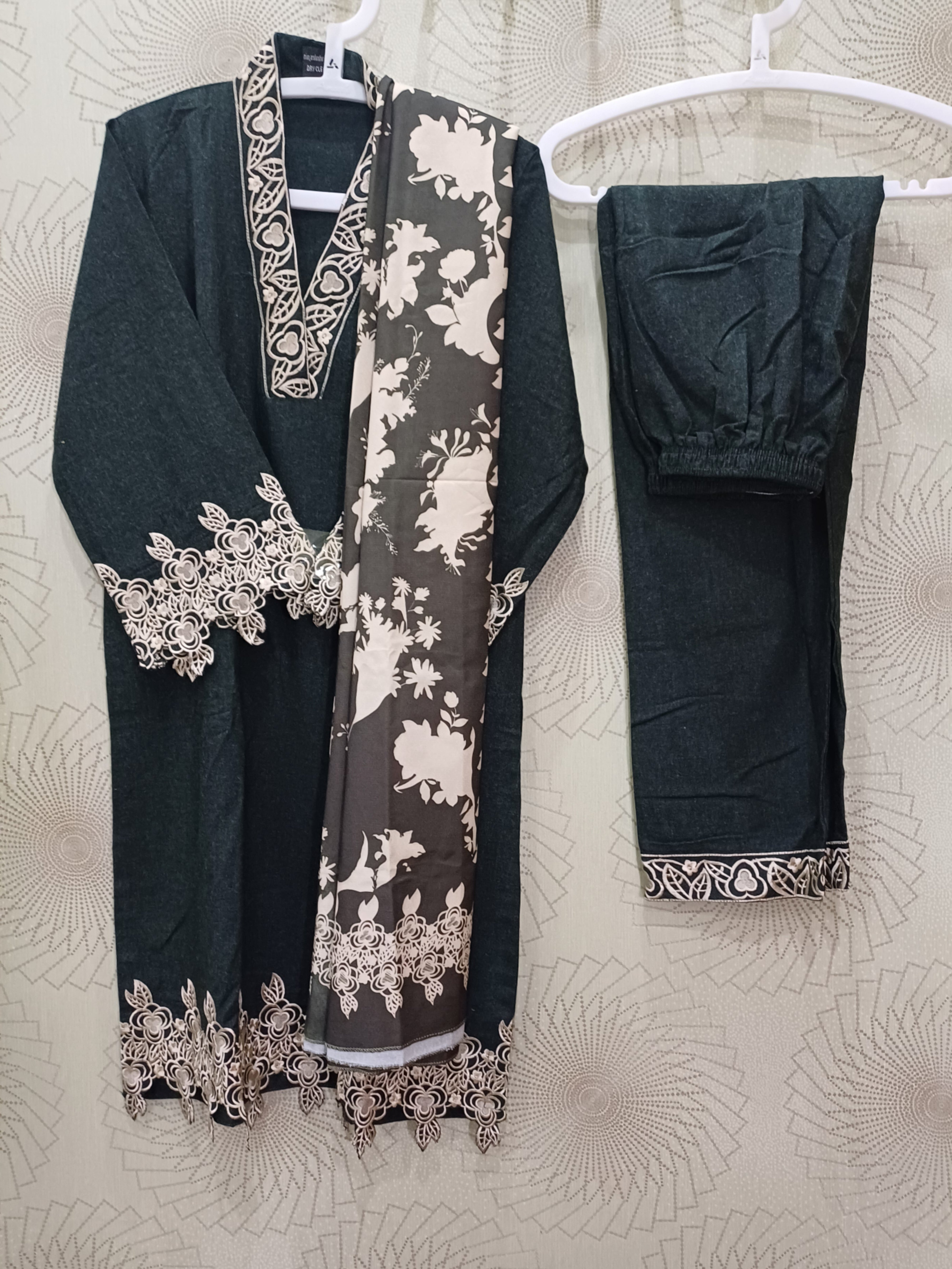 Mogiya embroidered wool suit with plain trouser and printed shawl