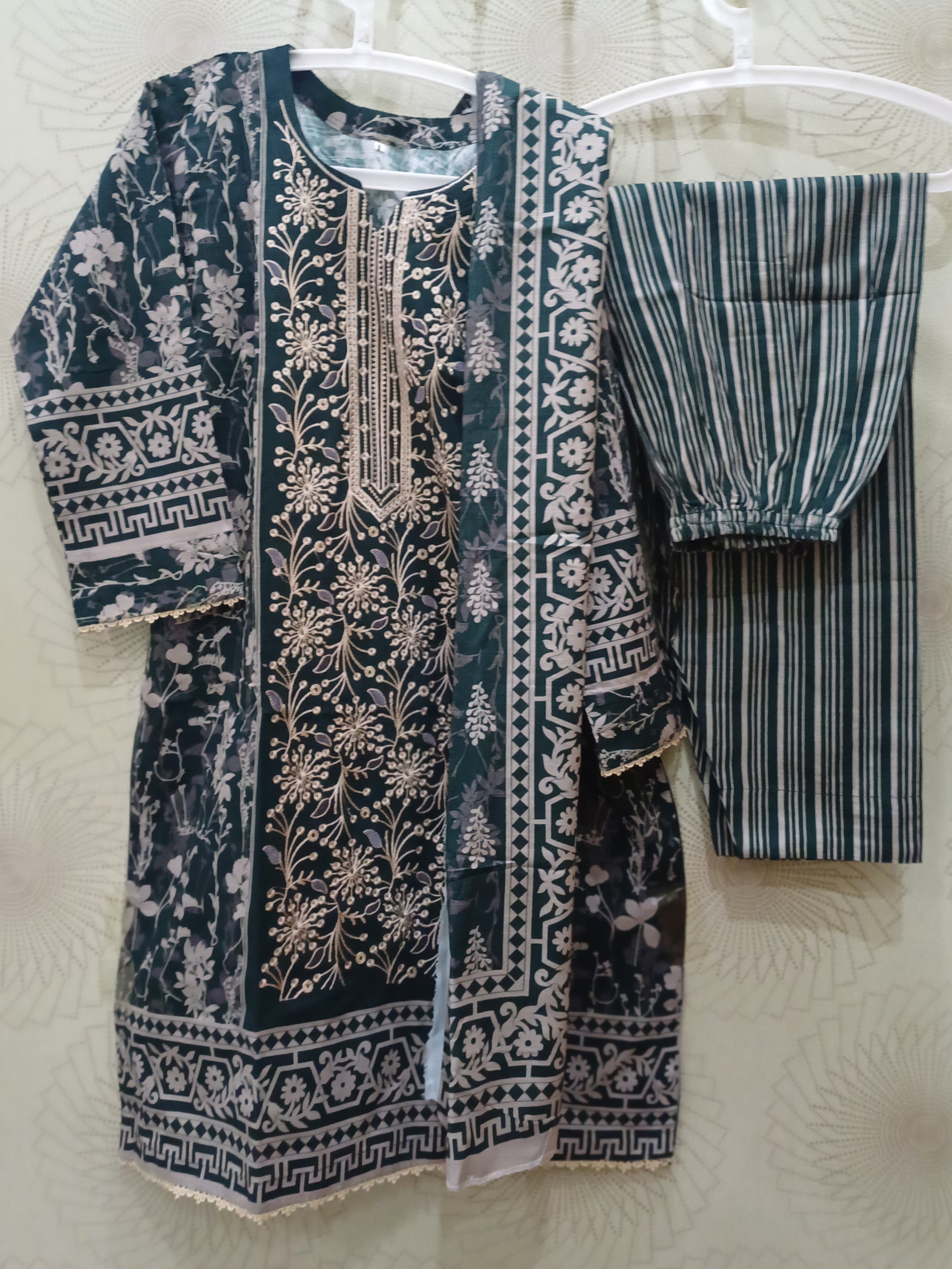 3-piece green khaddar embroidered Pakistani winter suit with dupatta and striped trouser