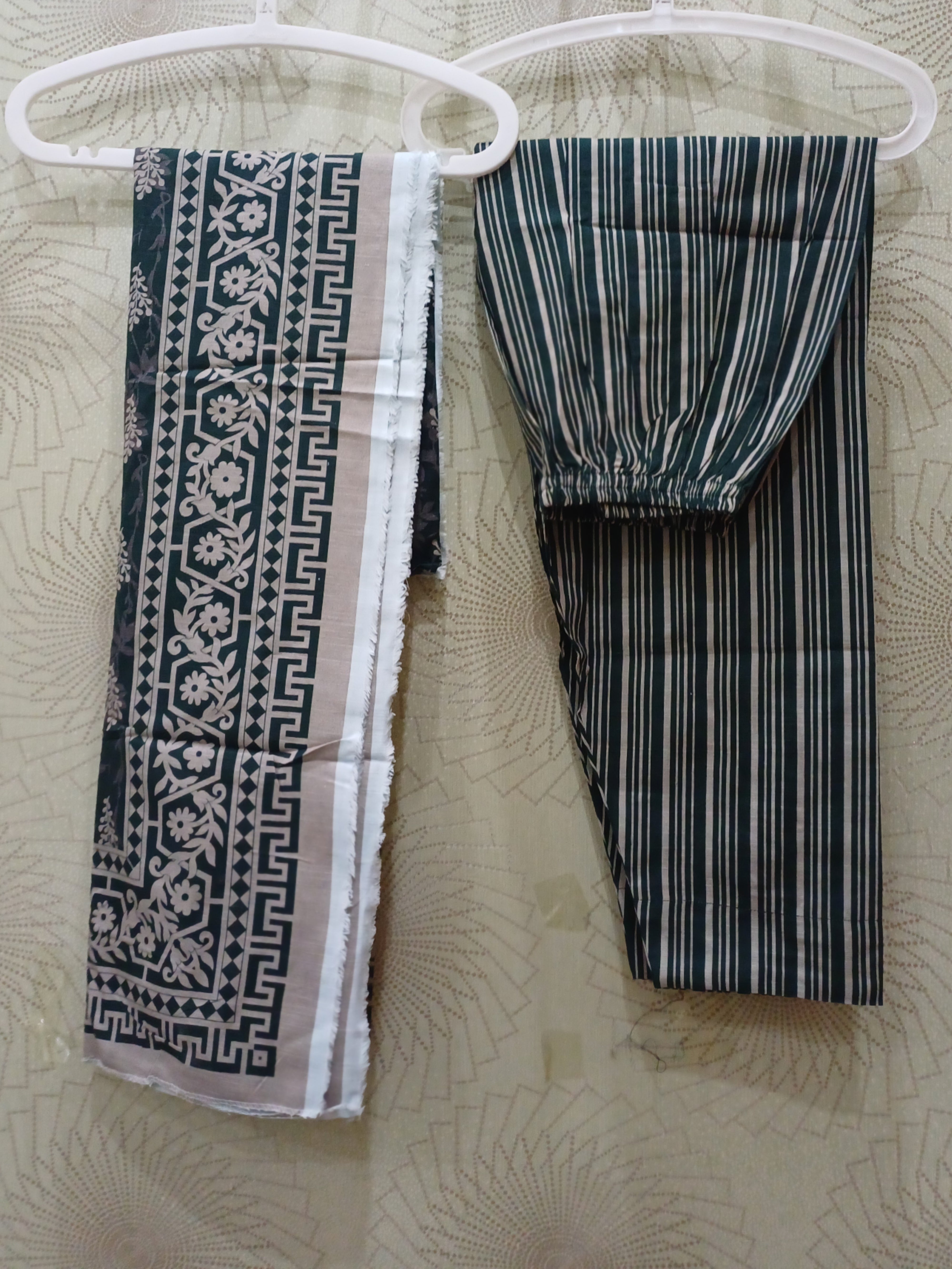 3-piece green khaddar embroidered Pakistani winter suit with dupatta and striped trouser
