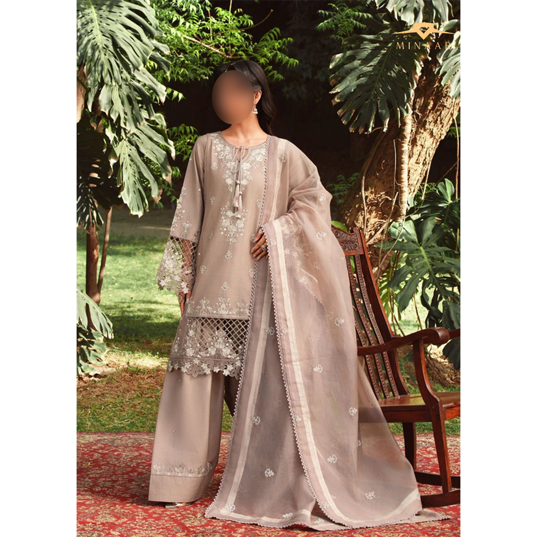 Beige embroidered lawn kurta set with farshi shalwar and organza net dupatta – 3-piece summer festive outfit for women.