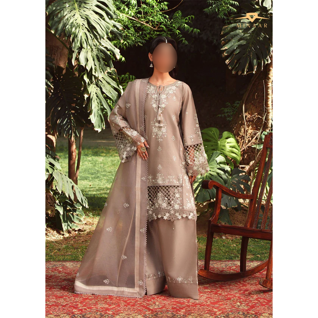 Beige embroidered lawn kurta set with farshi shalwar and organza net dupatta – 3-piece summer festive outfit for women.
