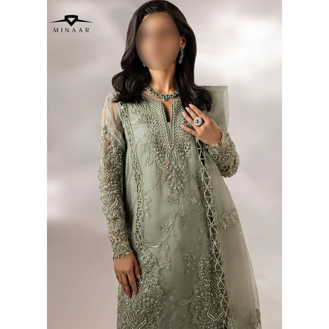 Moss green embroidered organza kurta set with matching dupatta – 3 piece festive and party wear outfit for women.