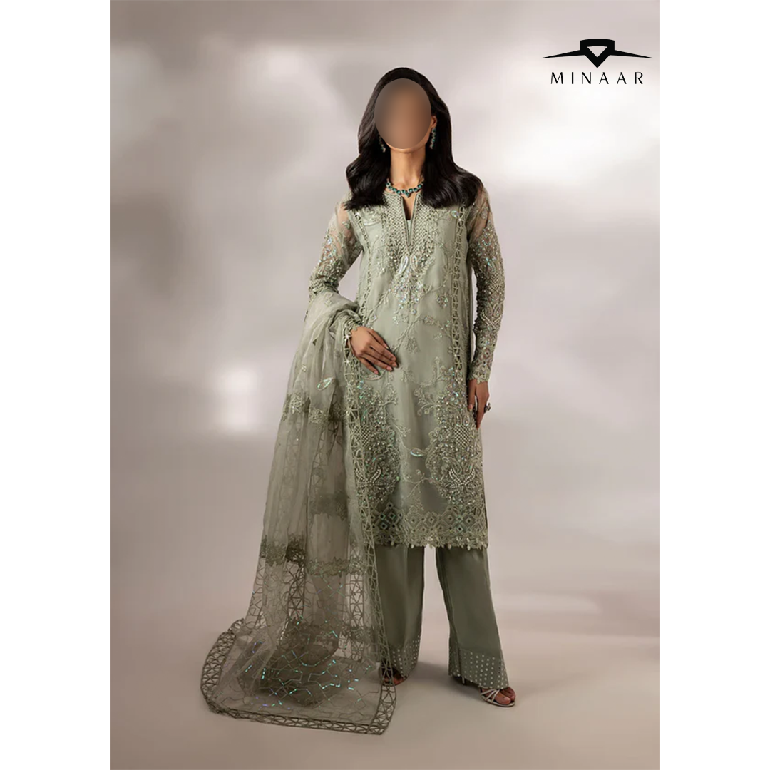 Moss green embroidered organza kurta set with matching dupatta – 3 piece festive and party wear outfit for women.