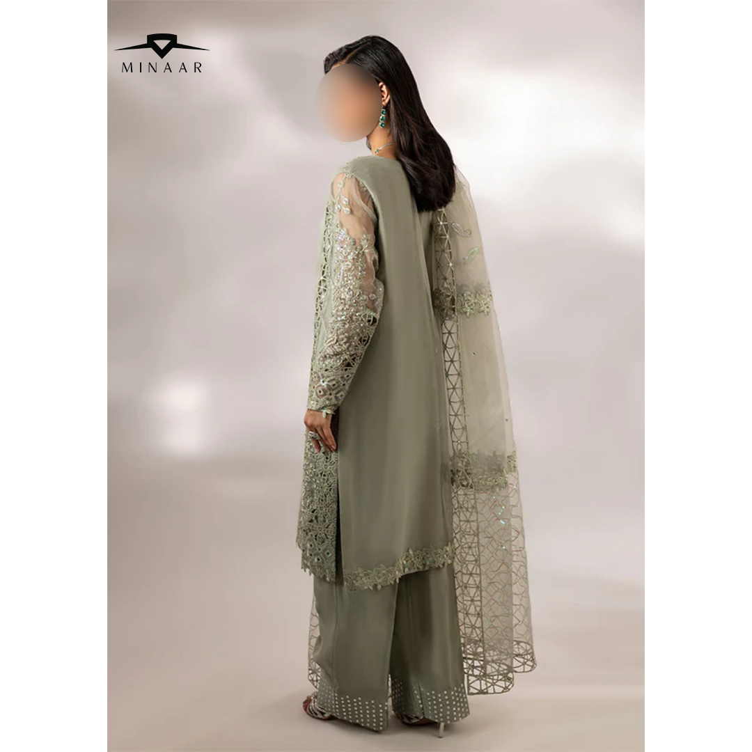 Moss green embroidered organza kurta set with matching dupatta – 3 piece festive and party wear outfit for women.