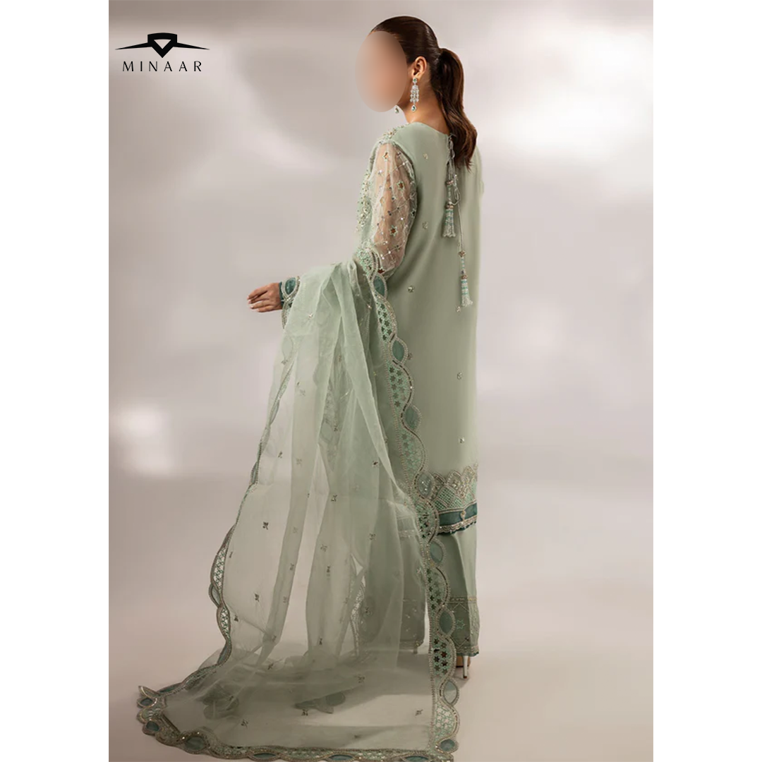 Mint green embroidered organza kurta set with straight trouser and organza dupatta, ideal for festive and party wear